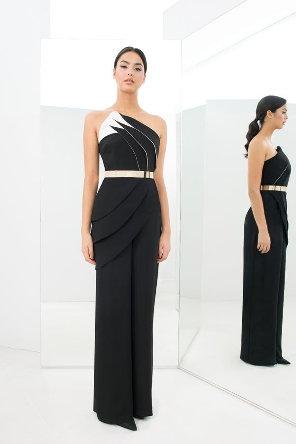 Jumpsuit Long Pleated Formal Jumpsuit BLACK-WHITE