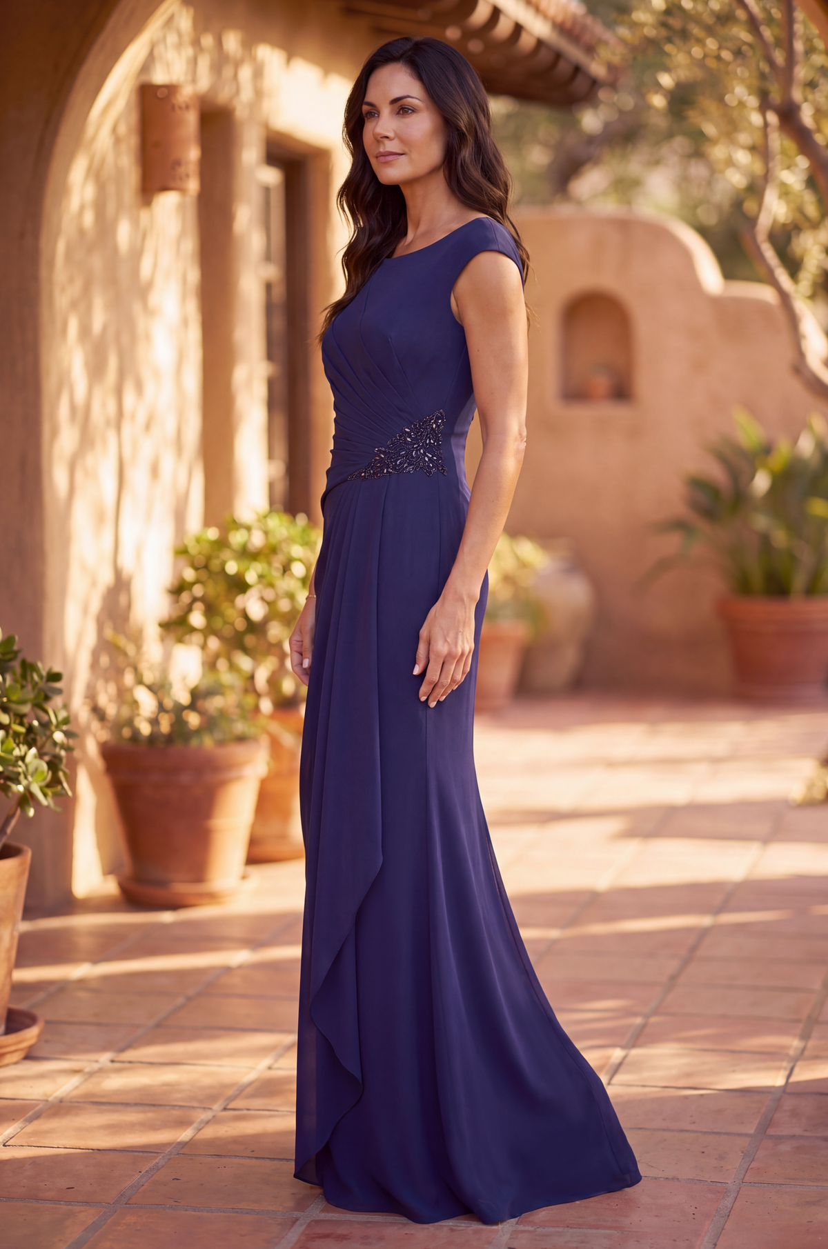 Navy Crepe Bateau Neck Formal Evening Dress