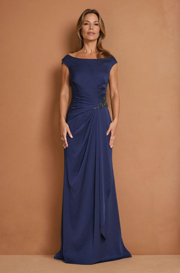 Navy Crepe Bateau Neck Formal Evening Dress