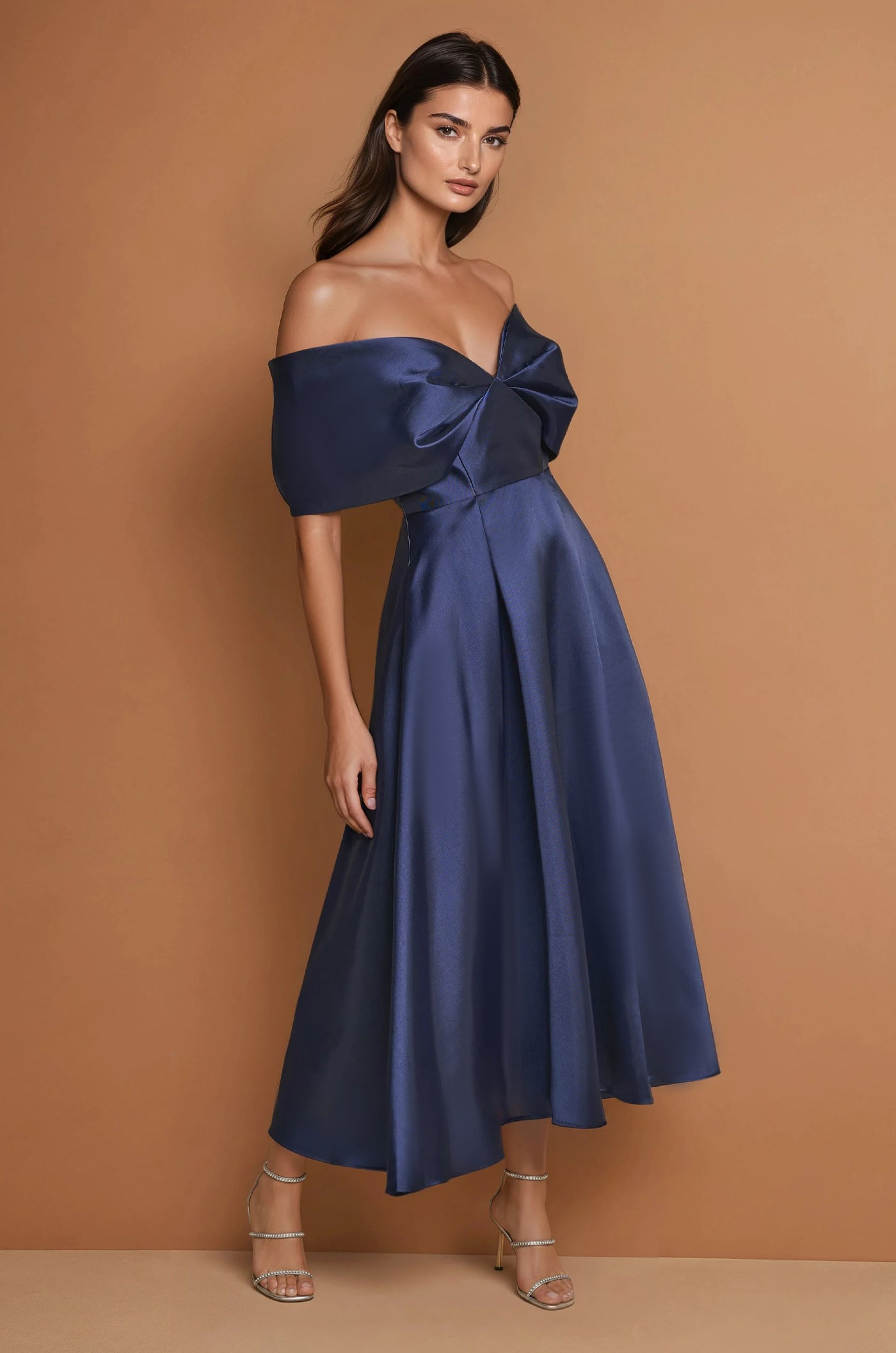 Cocktail Dresses Midi Formal Cocktail Dress Off Shoulder Sleeves Navy