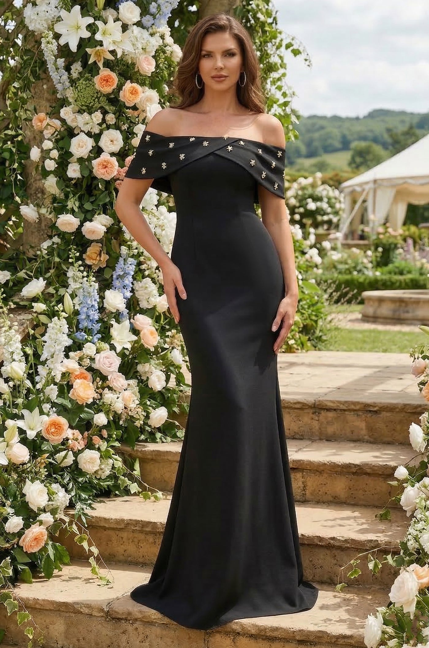 Black Long Crepe Off Shoulder Jewel Trim Formal Column Gown