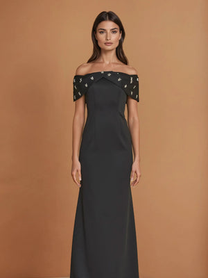 Long Crepe Off Shoulder Jewel Trim Formal Column Gown