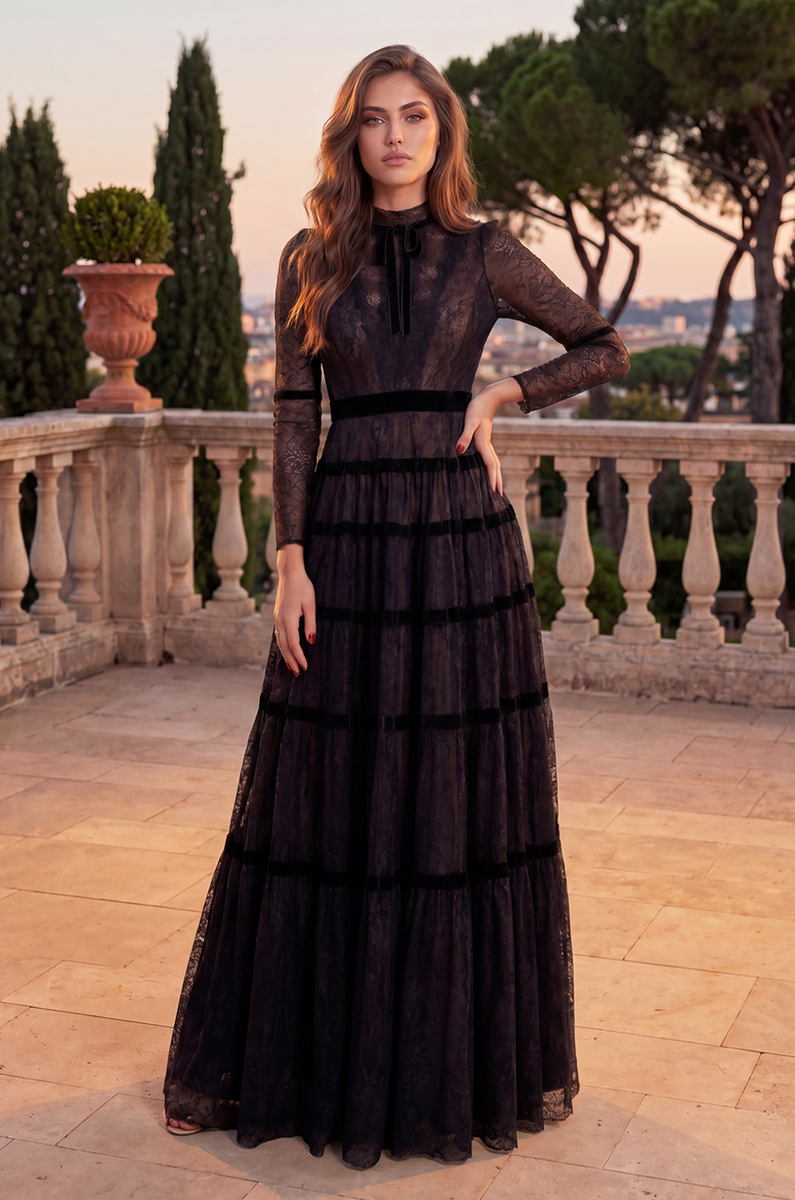 Long Sleeve Formal Tiered A Line Lace Evening Dress