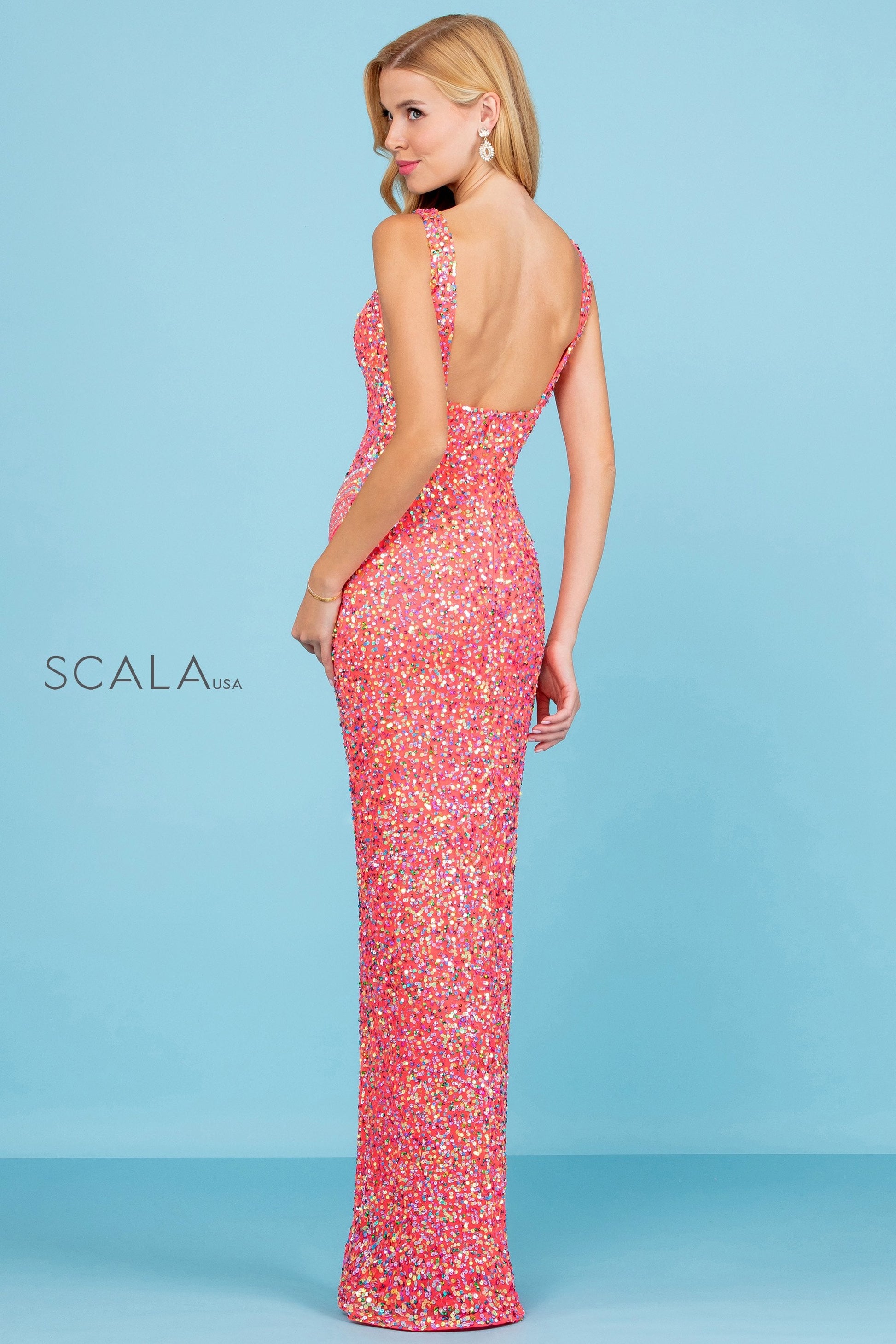 Scala 60259 Long Fitted Slit Formal Beaded Fringe Prom Dress