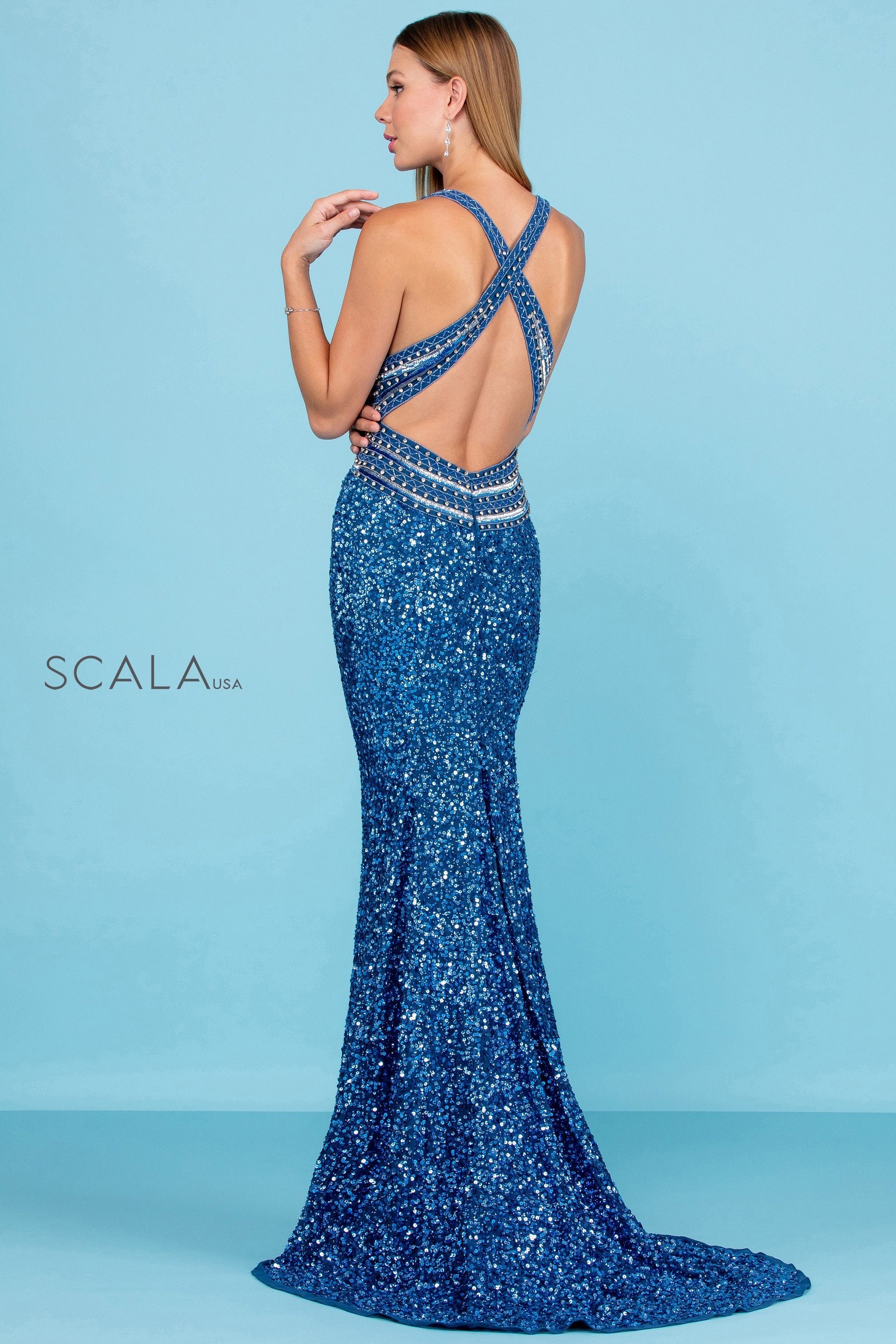 Scala 60301 Long Formal Beaded Sequin Fitted Prom Dress