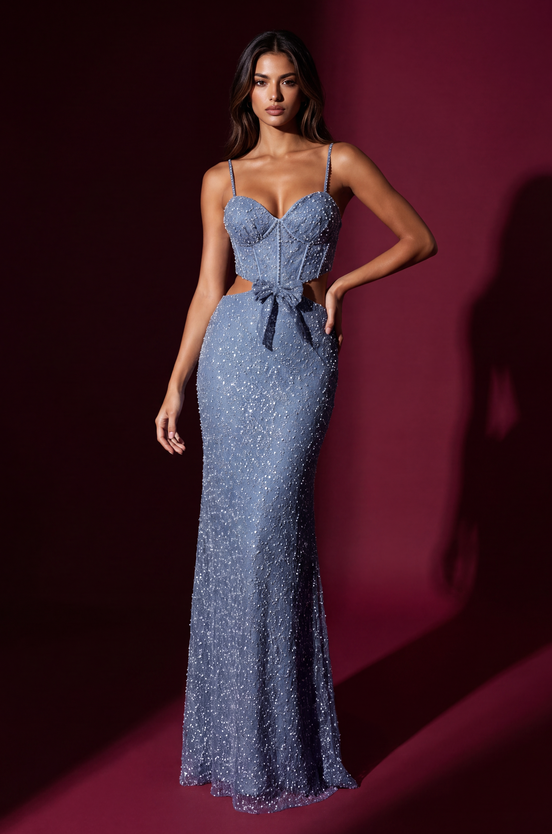 Long Beaded Side Cut Out with Bow Prom Dress