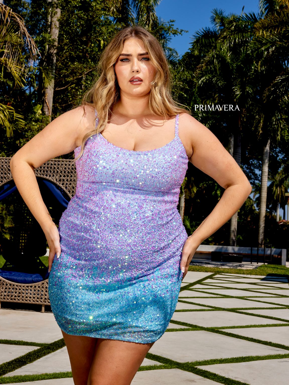 Primavera Couture 14025 Spaghetti Strap Short Sparkling Prom Dress