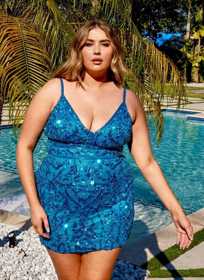 EMERALD Primavera Couture 14035 Short Plus Size Fitted Prom Dress for