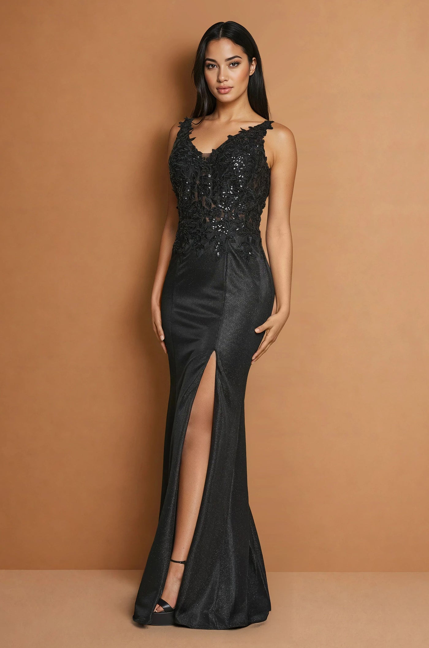 Metallic Long V-Neck Sleeveless Evening Dress - Black / S Metallic Long V-Neck Sleeveless Evening Dress - Black / S
