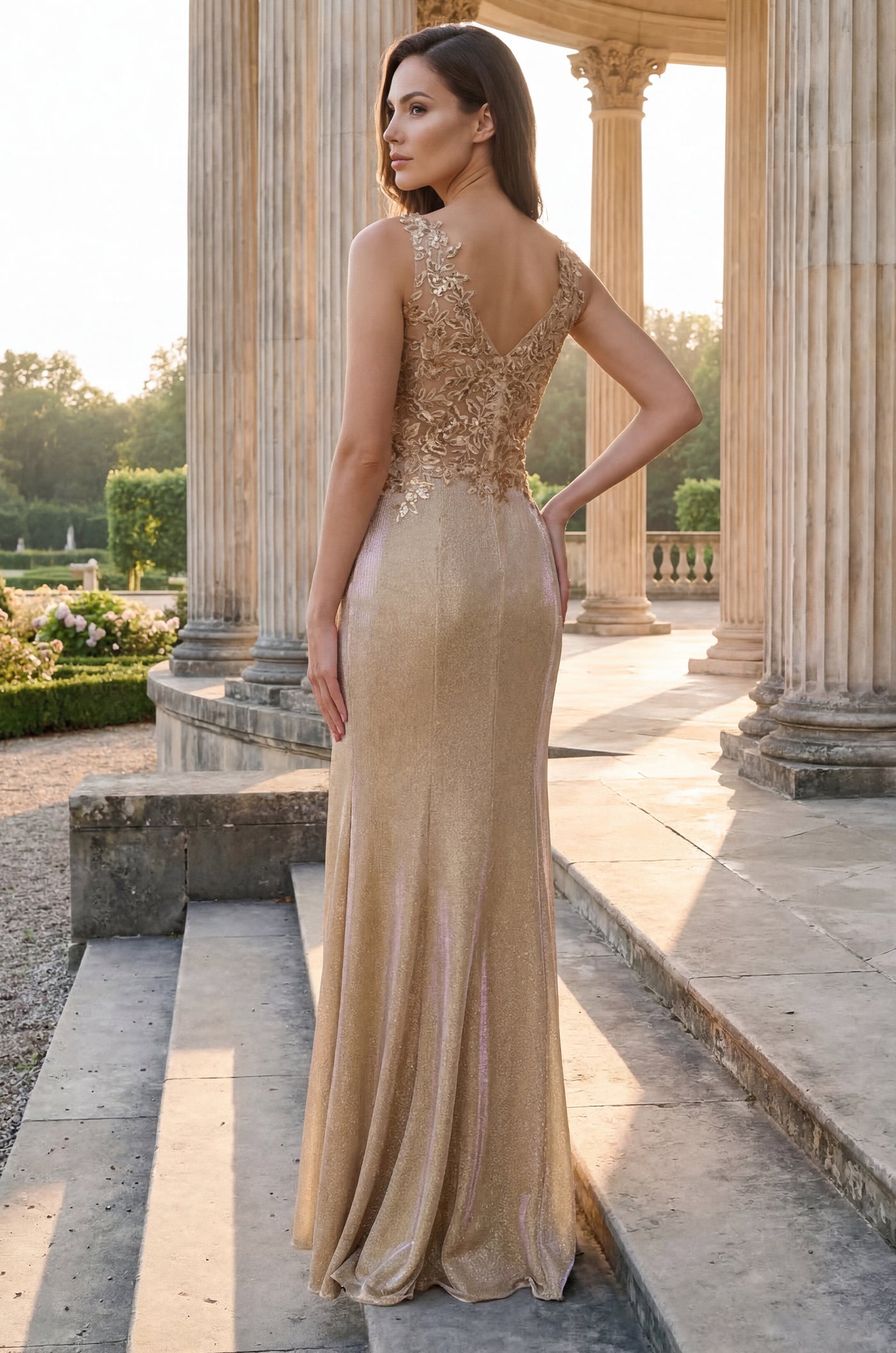 Formal Dresses Long V Neck Metalic Formal Dress Champagne