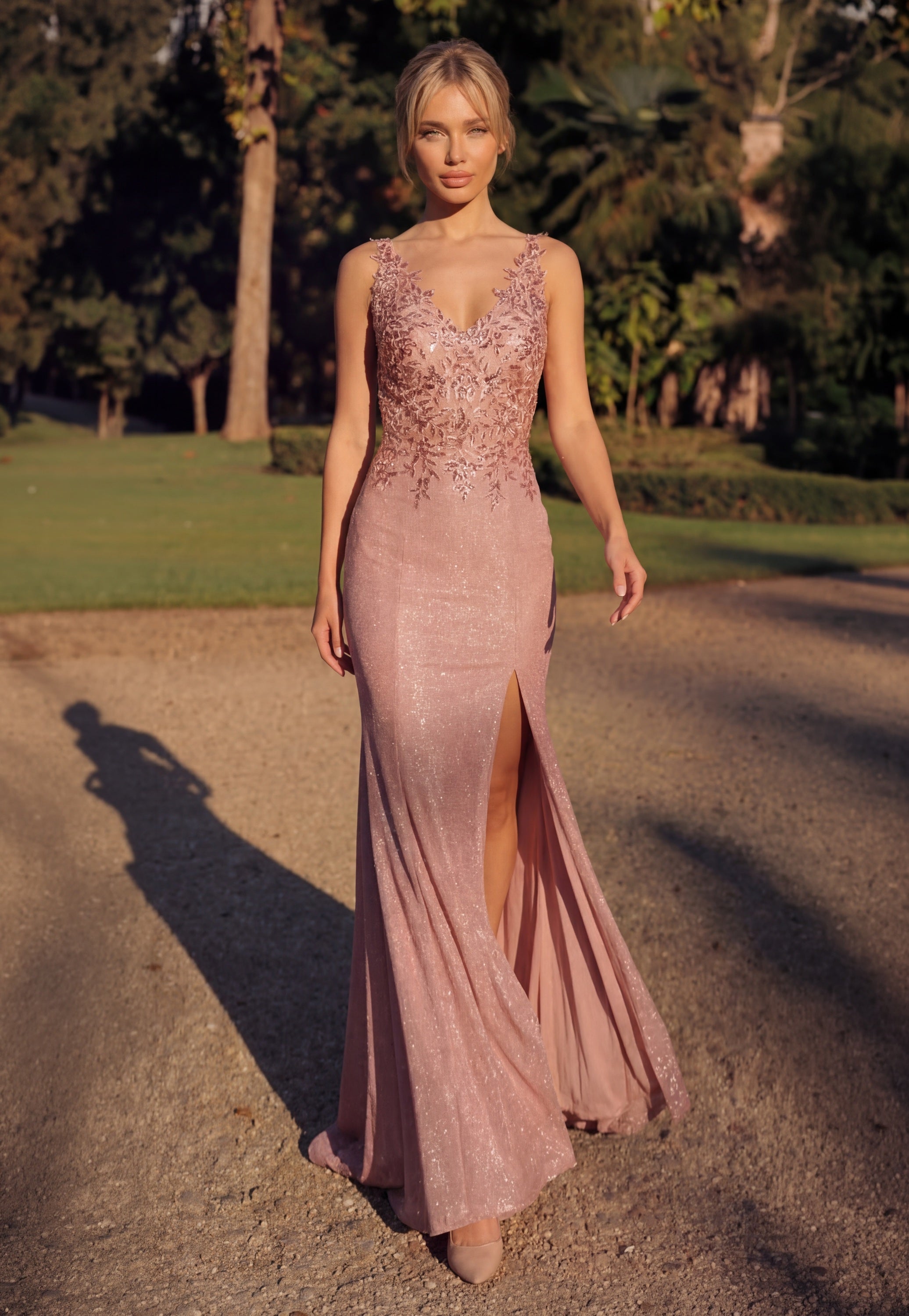 Metallic Long V-Neck Sleeveless Evening Dress