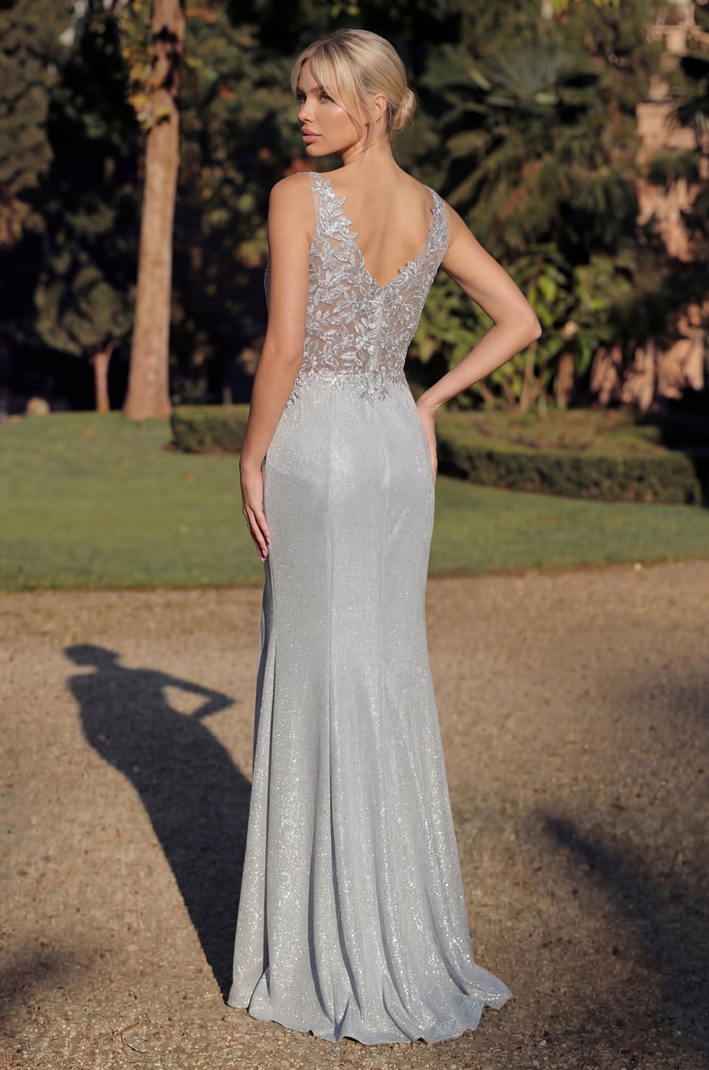 Formal Dresses Long V Neck Metalic Formal Dress Silver