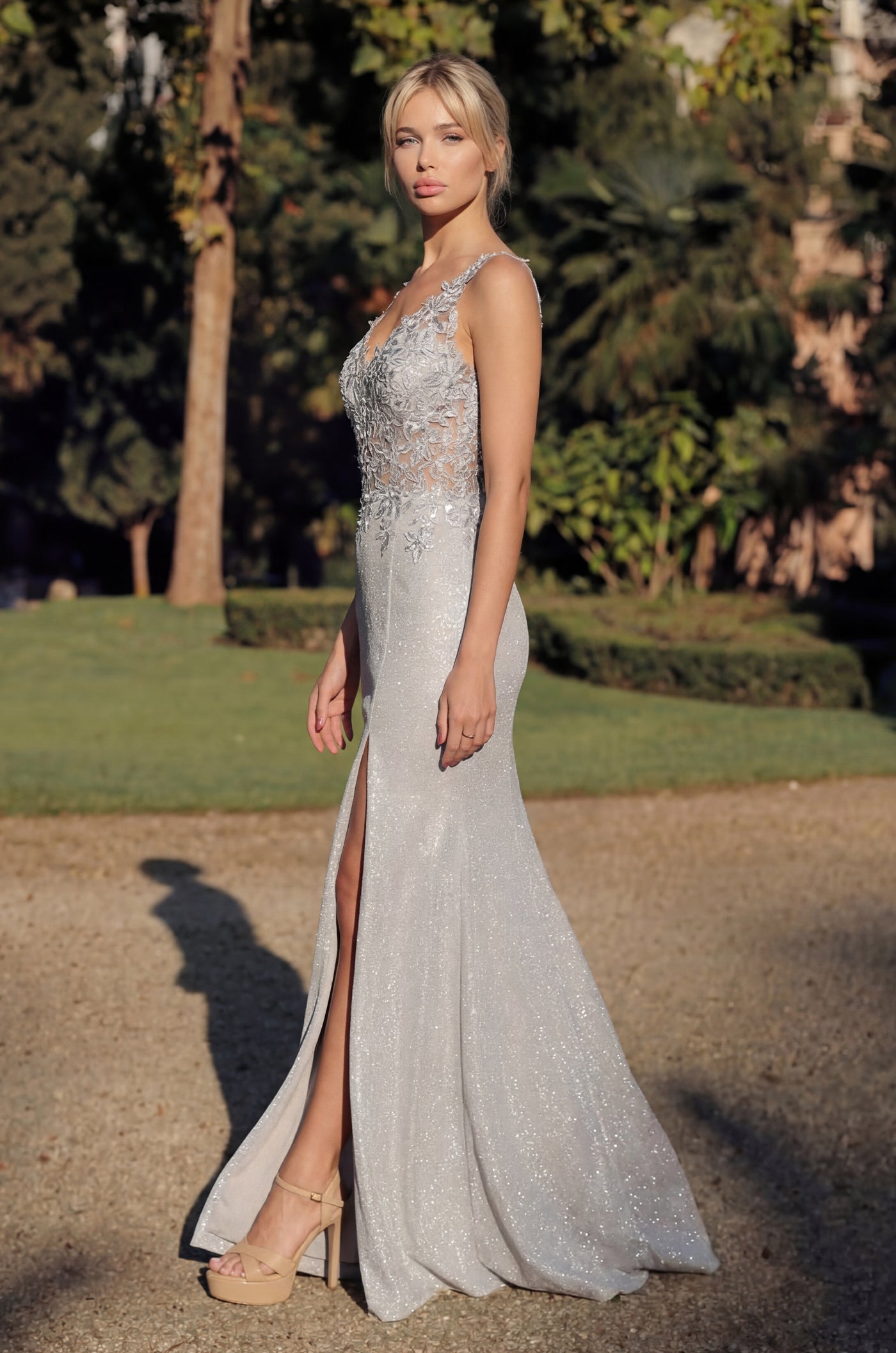 Formal Dresses Long V Neck Metalic Formal Dress Silver