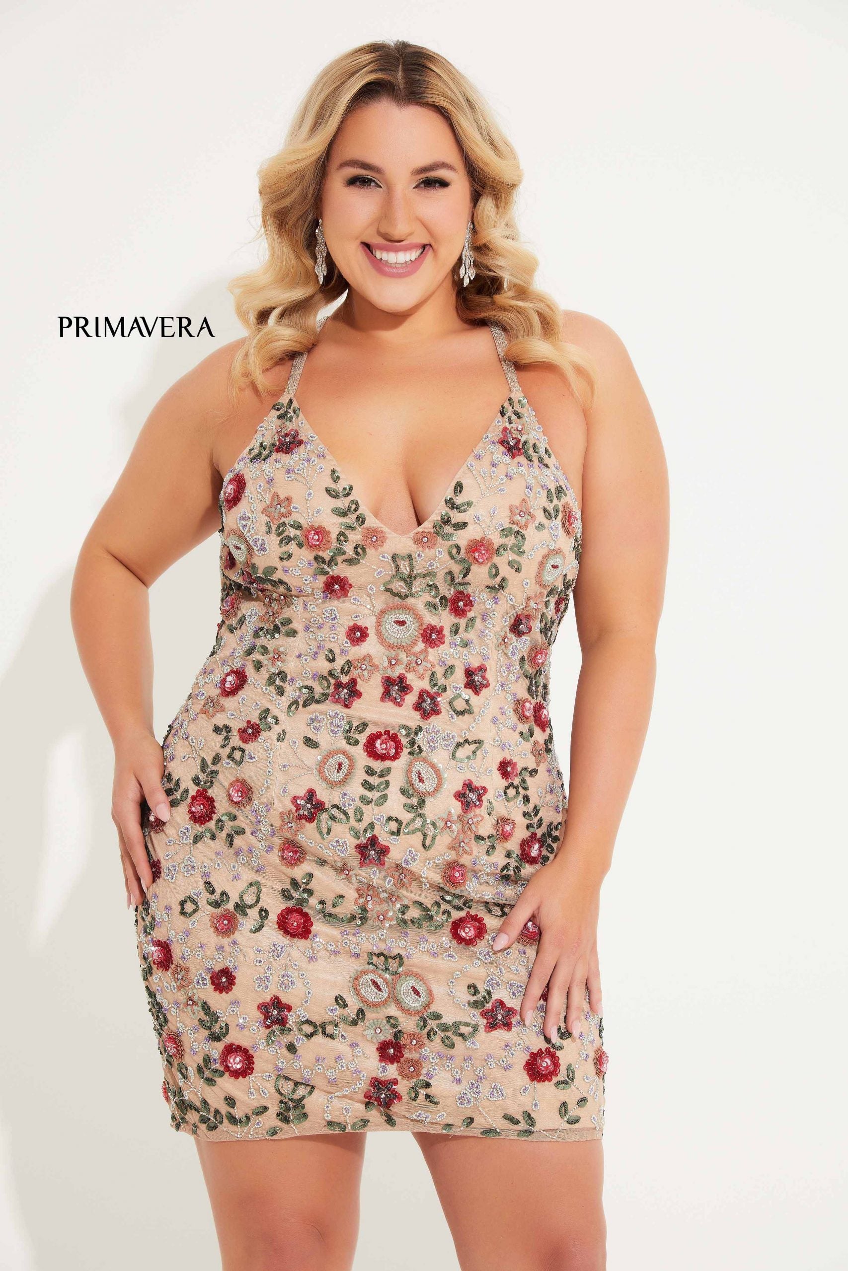 Primavera Couture 14060 Plus Size Short Fitted Floral Cocktail Dress