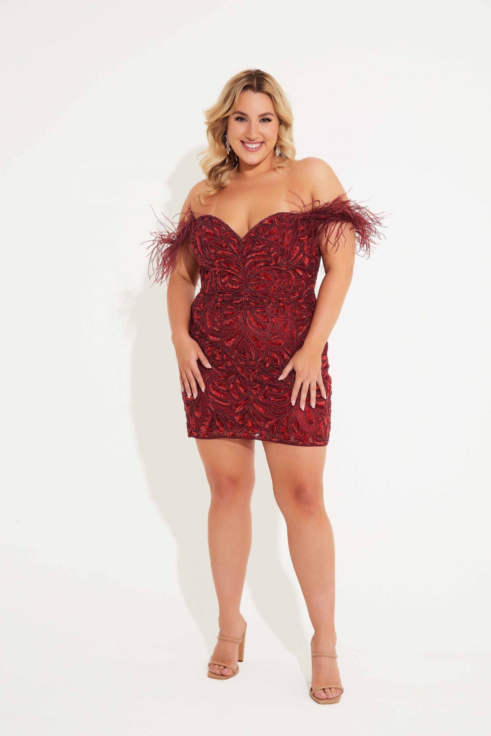 burgundy sparkly dress short Primavera Couture 14062 Short Fitted Homecoming Plus Size Cocktail Dress
