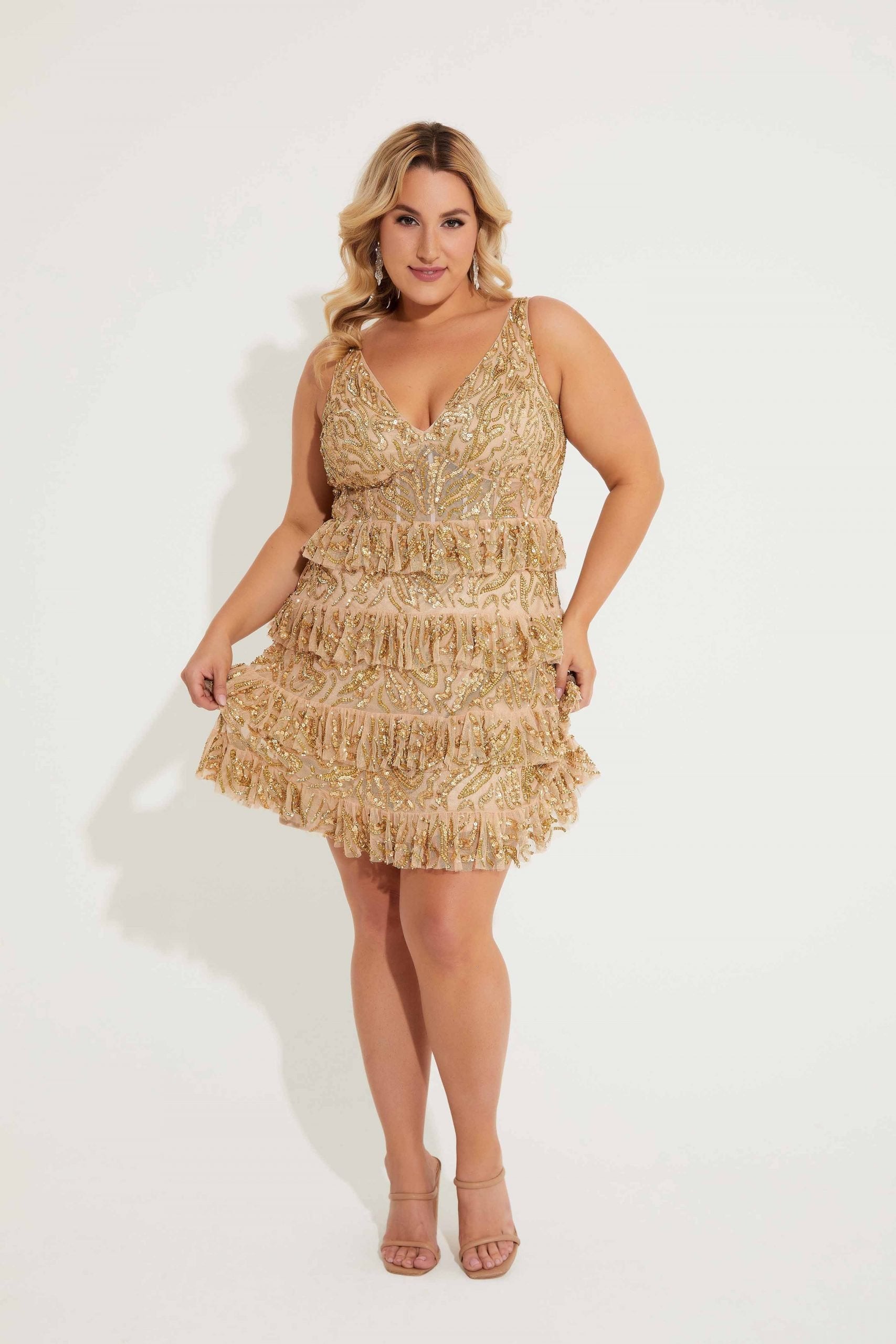 Plus Size Dresses Homecoming Plus Size Short Cocktail Sequin Dress Nude Gold