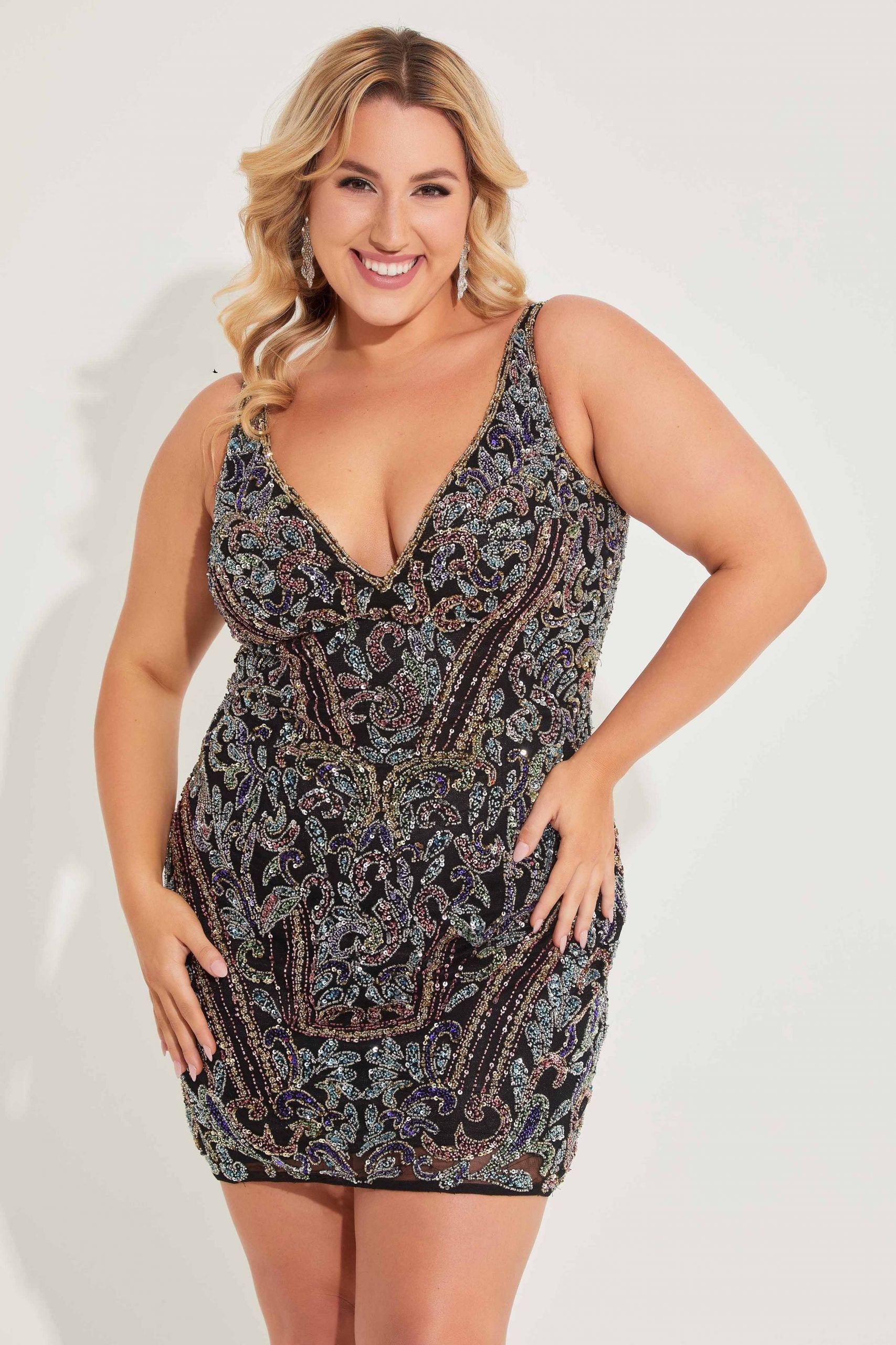 Plus Size Dresses Short Cocktail Fitted Plus Size Dress Black Multi