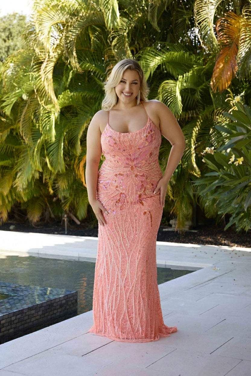 Plus Size Dresses Long Plus Size Formal Sequin Prom Gown Coral