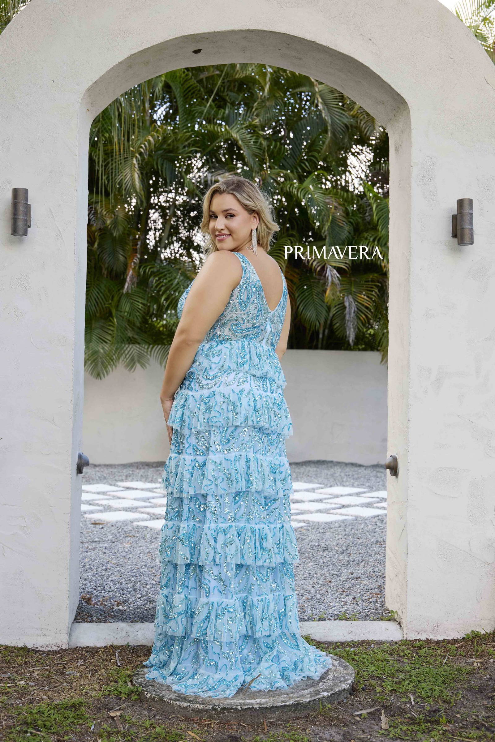 Primavera Couture 14073 Long Plus Size A Line Formal Tiered Prom Gown