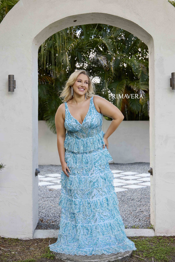 Primavera Couture 14073 Long Plus Size A Line Formal Tiered Prom Gown