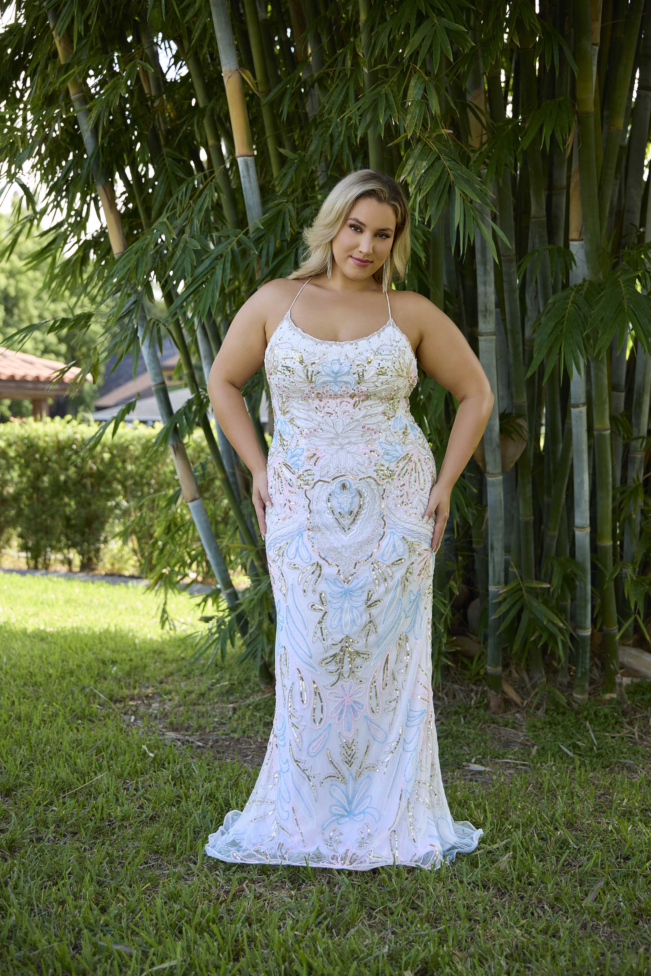 Plus Size Dresses Long Prom Formal Beaded Plus Size Dress Primavera Couture 14074 Ivory Teal