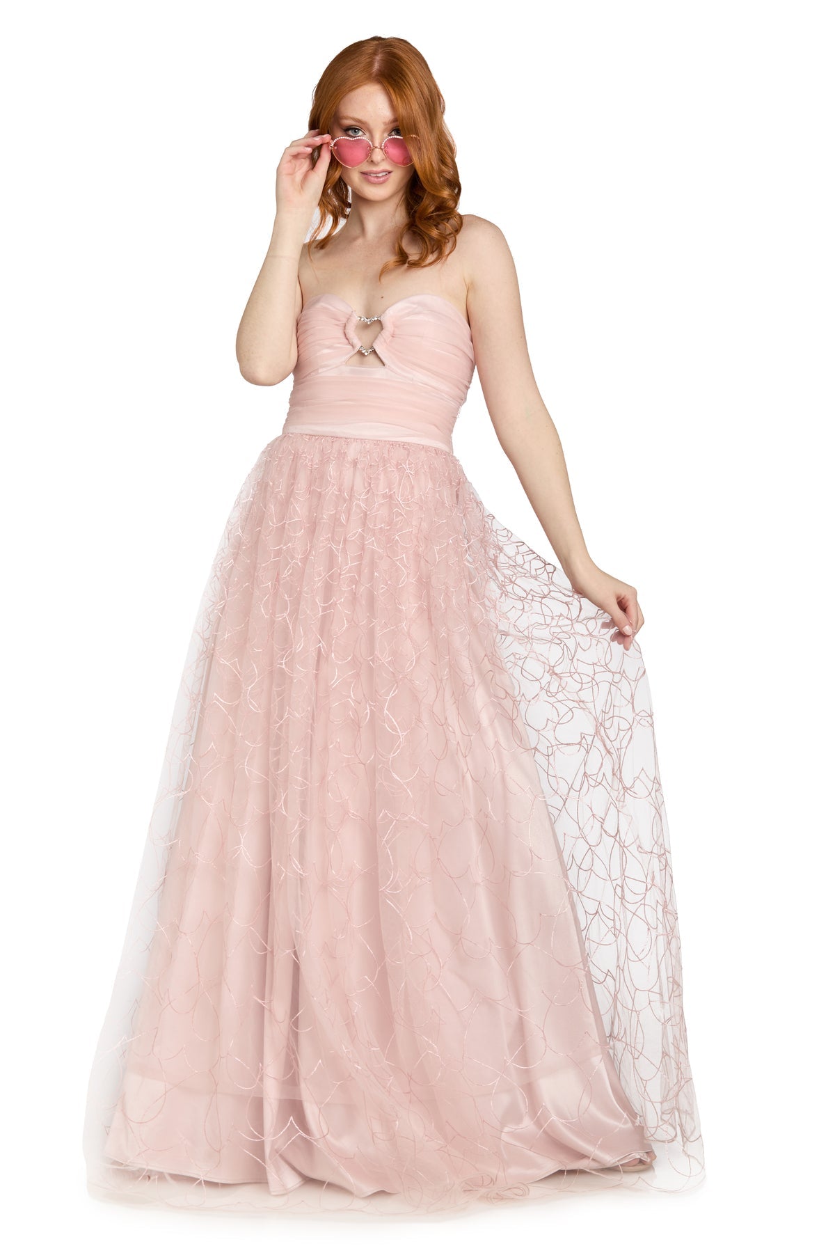 Strapless Long Lace Prom Dress by Morgan & Co 14078 in Pink