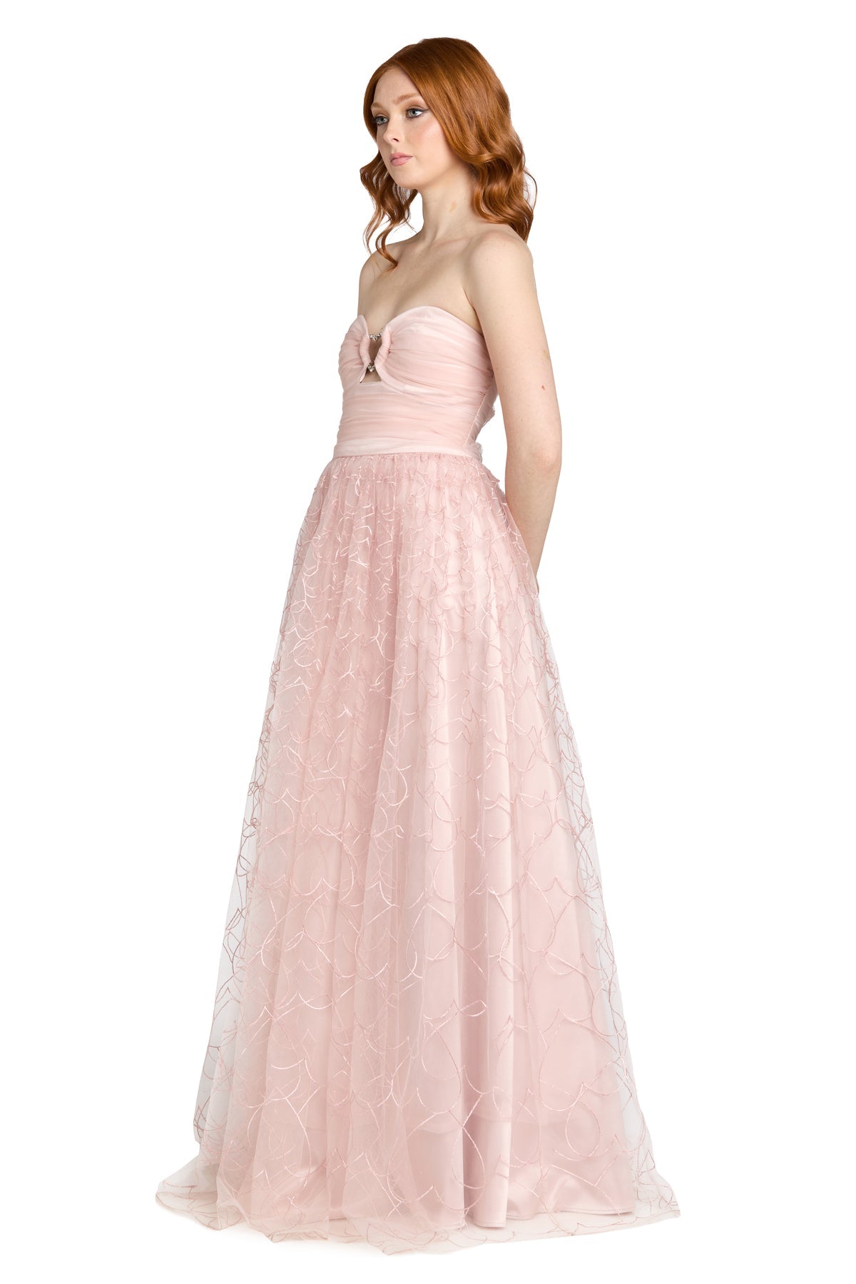 Strapless Long Lace Prom Dress by Morgan & Co 14078 in Pink