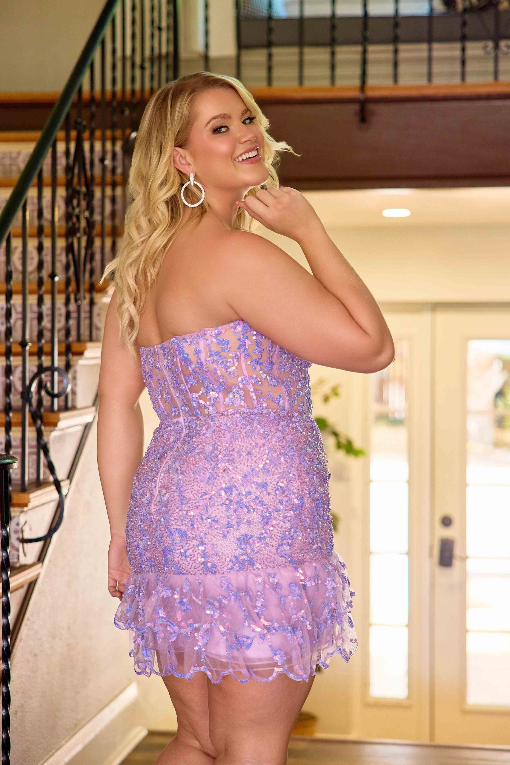 Plus Size Dresses Ruffle Short Beaded Mini Corset Cocktail Dress Primavera Couture 14089 Lavender