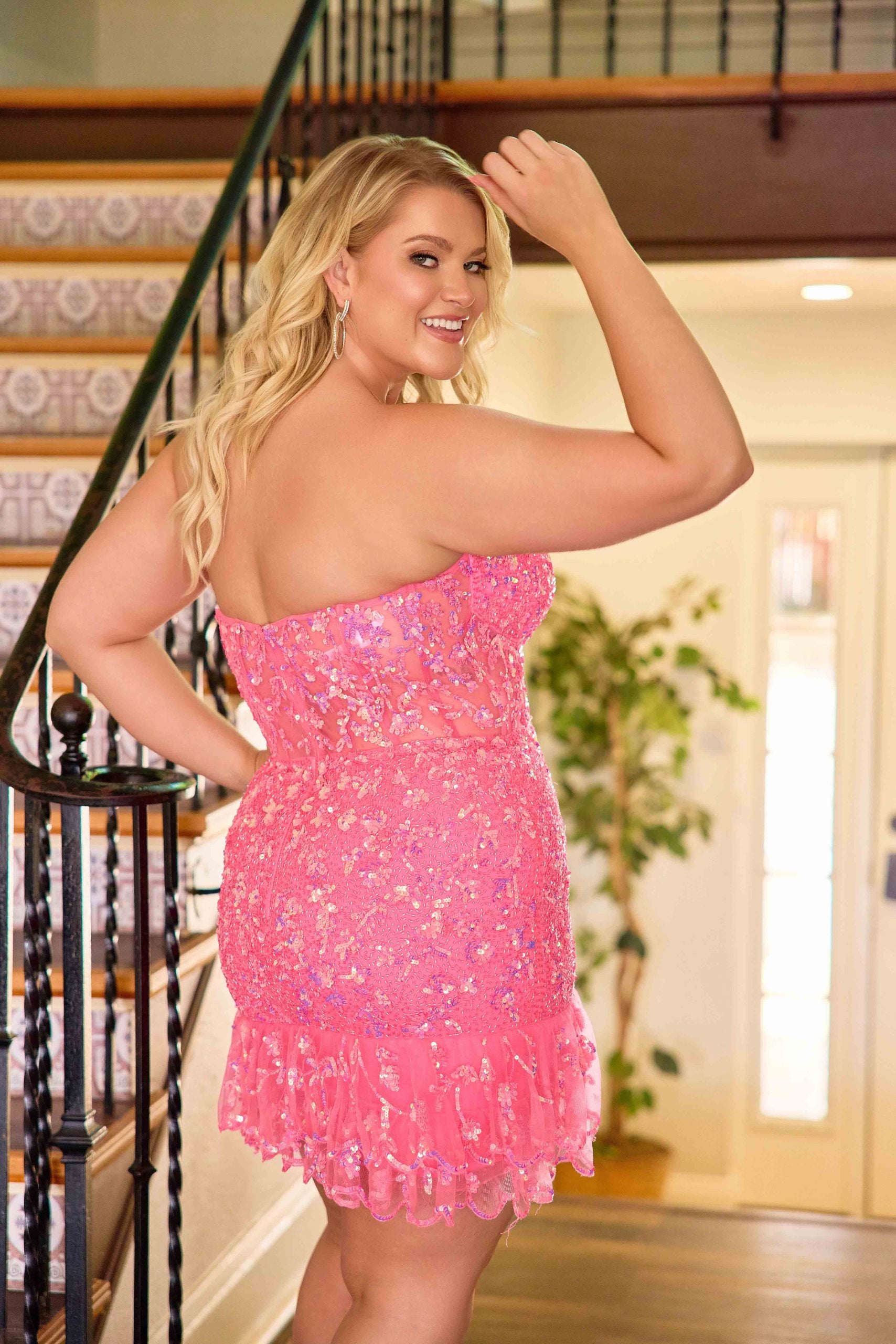 Plus Size Dresses Ruffle Short Beaded Mini Corset Cocktail Dress Primavera Couture 14089 Neon Pink