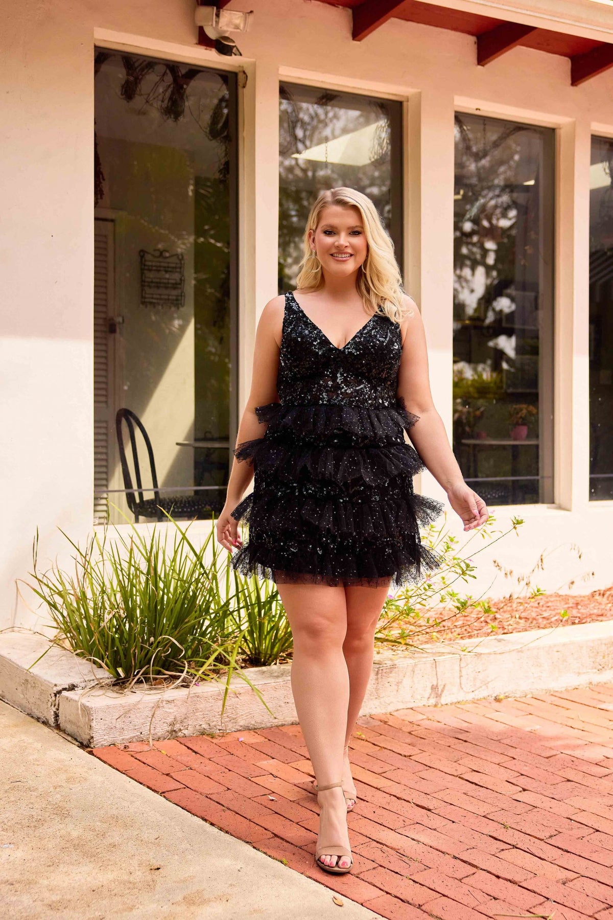 Plus Size Dresses Beaded Fitted Ruffle Mini Cocktail Plus Size Dress Primavera Couture 14092 Black