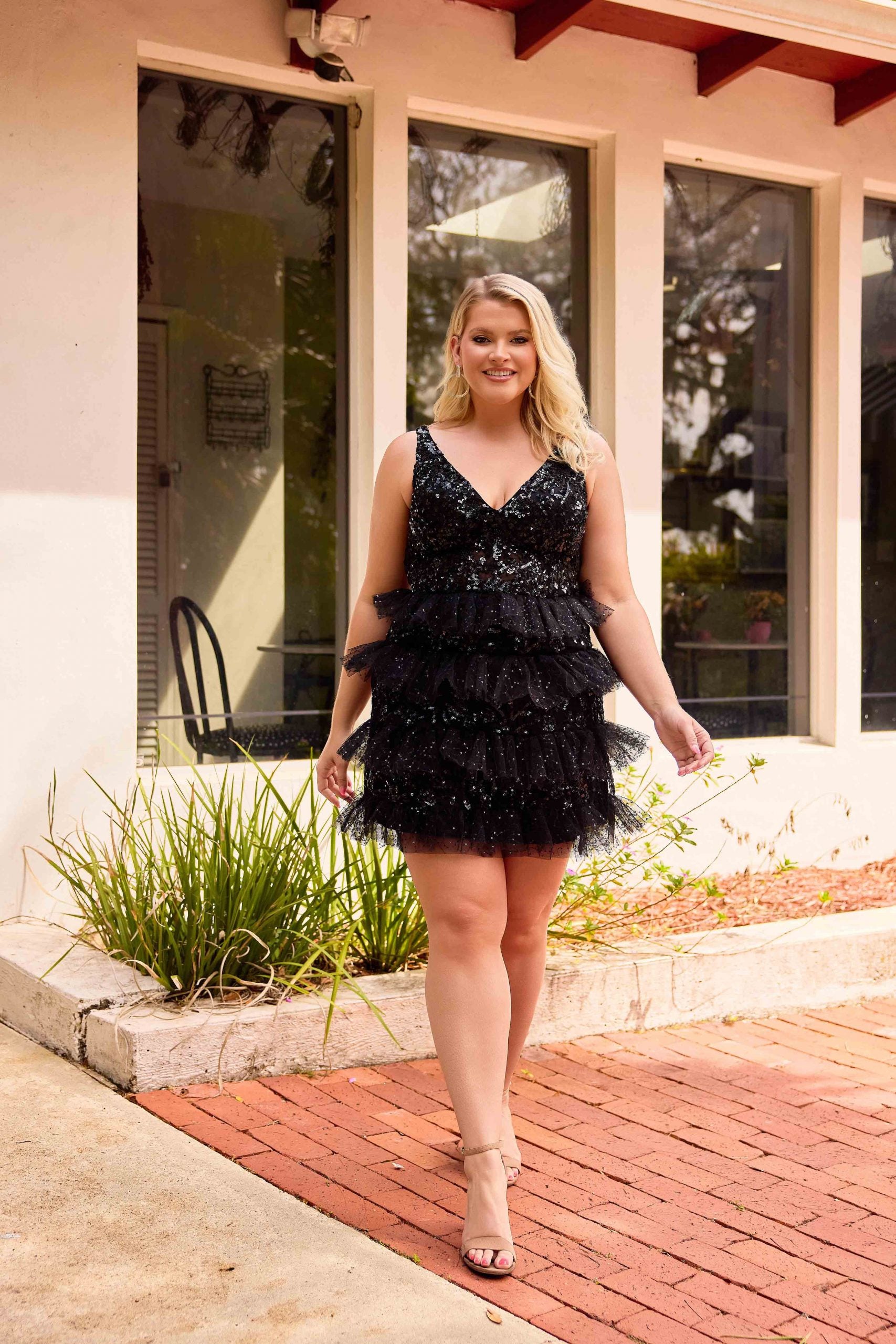 Plus Size Dresses Beaded Fitted Ruffle Mini Cocktail Plus Size Dress Primavera Couture 14092 Black