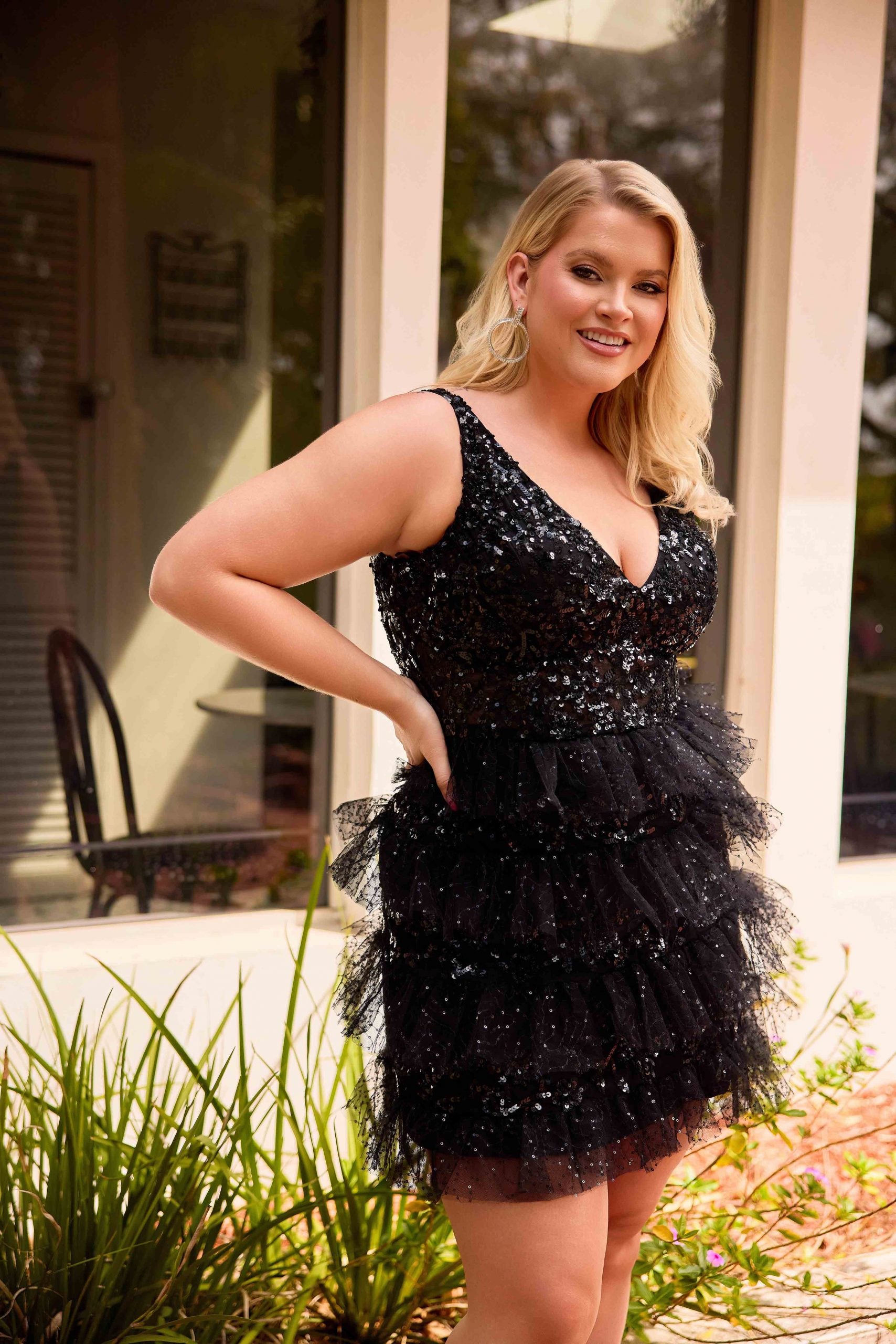 Plus Size Dresses Beaded Fitted Ruffle Mini Cocktail Plus Size Dress Primavera Couture 14092 Black
