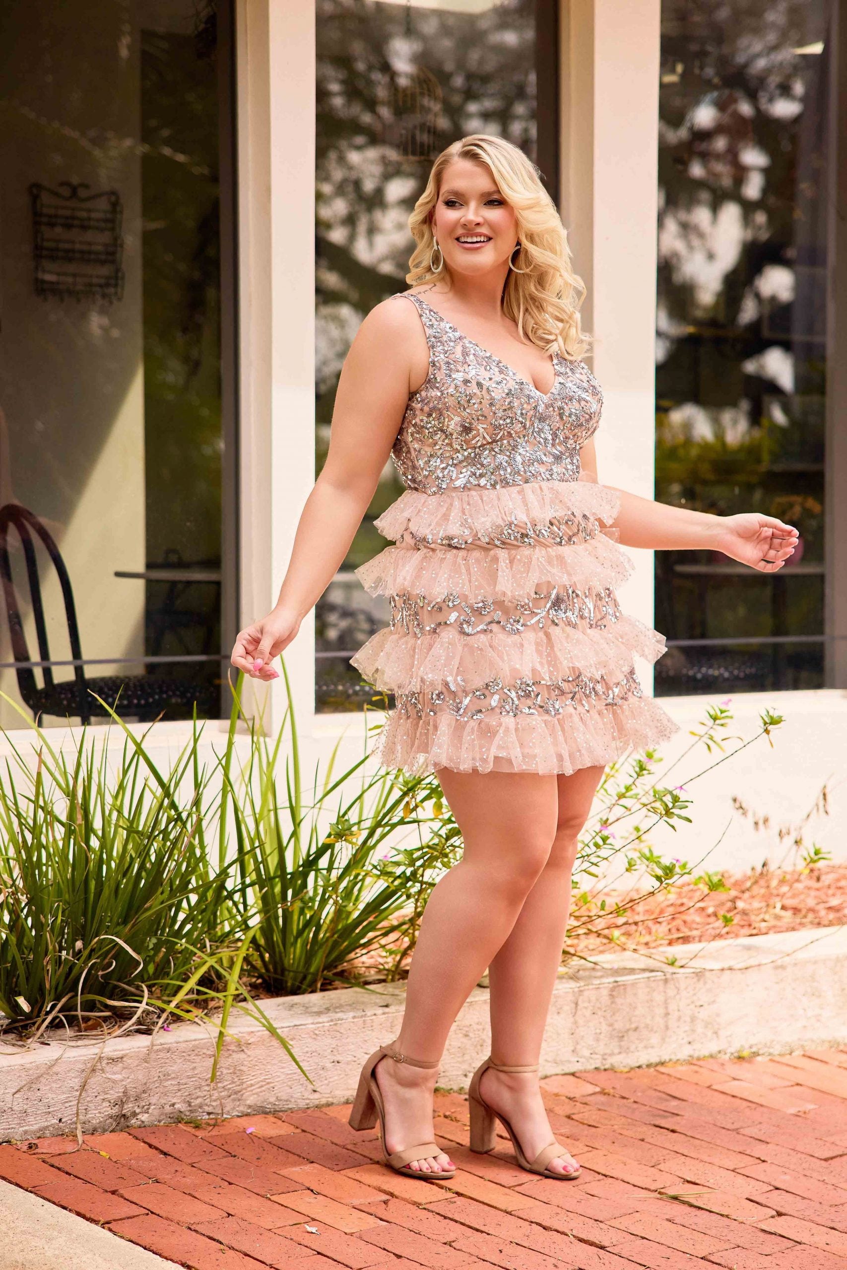 Plus Size Dresses Beaded Fitted Ruffle Mini Cocktail Plus Size Dress Primavera Couture 14092 Blush