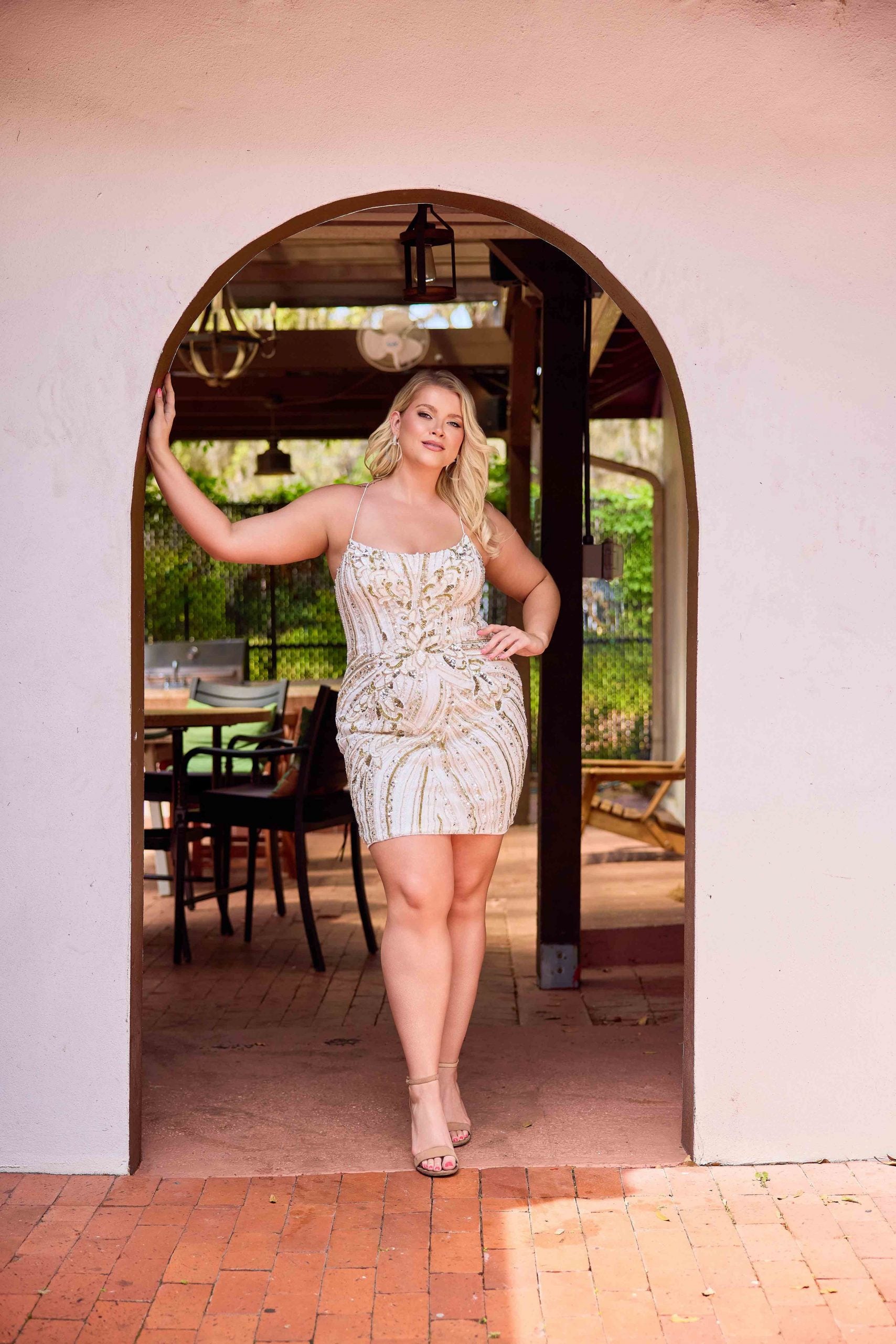 Plus Size Dresses Short Sequin Cocktail Mini Plus Size Dress Primavera Couture 14093 Ivory Gold