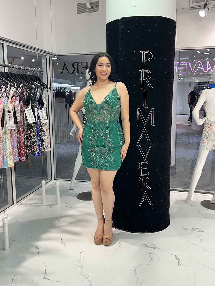 Plus Size Dresses Short Beaded Floral Cocktail Plus Size Dress Primavera Couture 14095 Emerald