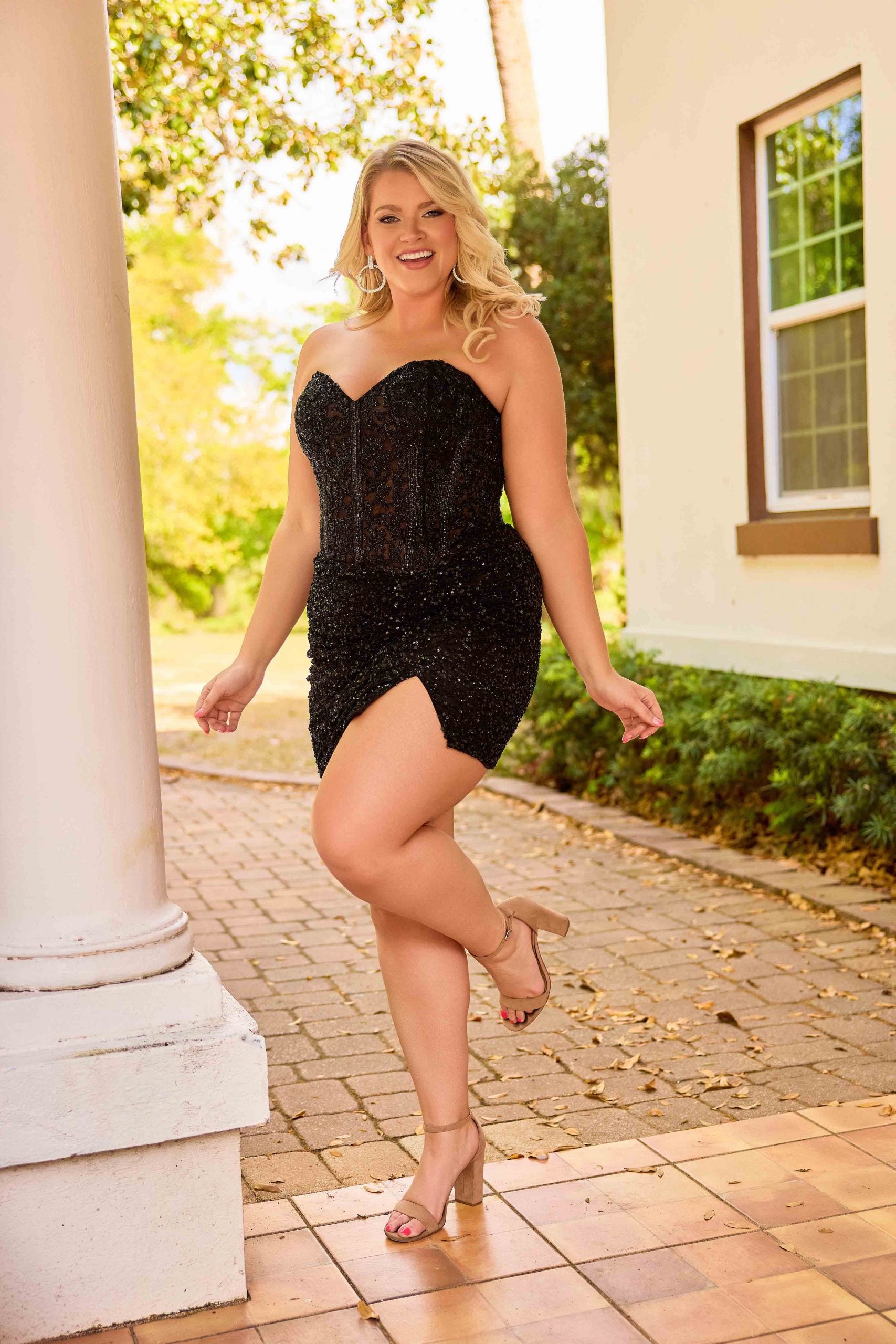 Plus Size Dresses Short Slit Mini Sequin Fitted Corset Cocktail Dress Primavera Couture 14098 Black