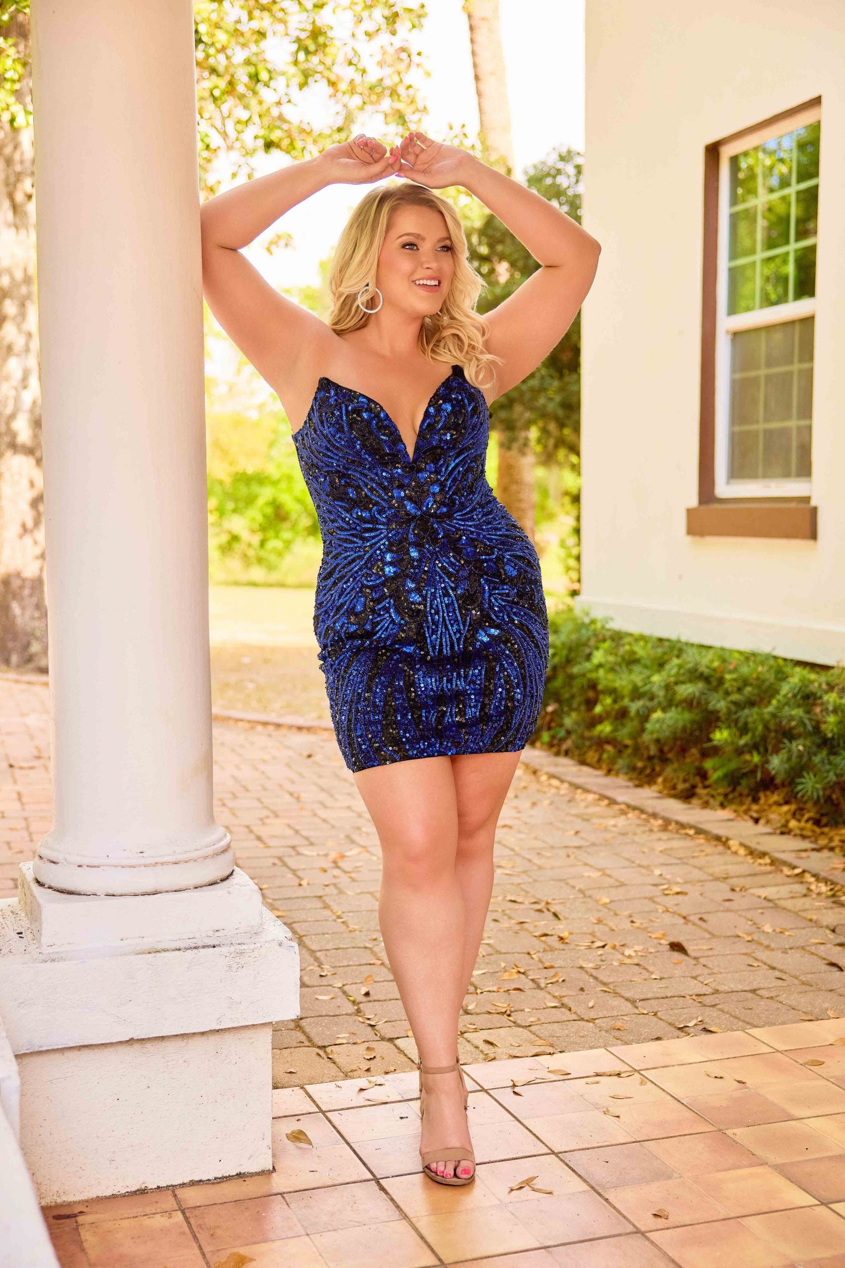 Plus Size Dresses Mini Beaded Fitted Cocktail Plus Size Dress Primavera Couture 14099 Black Blue