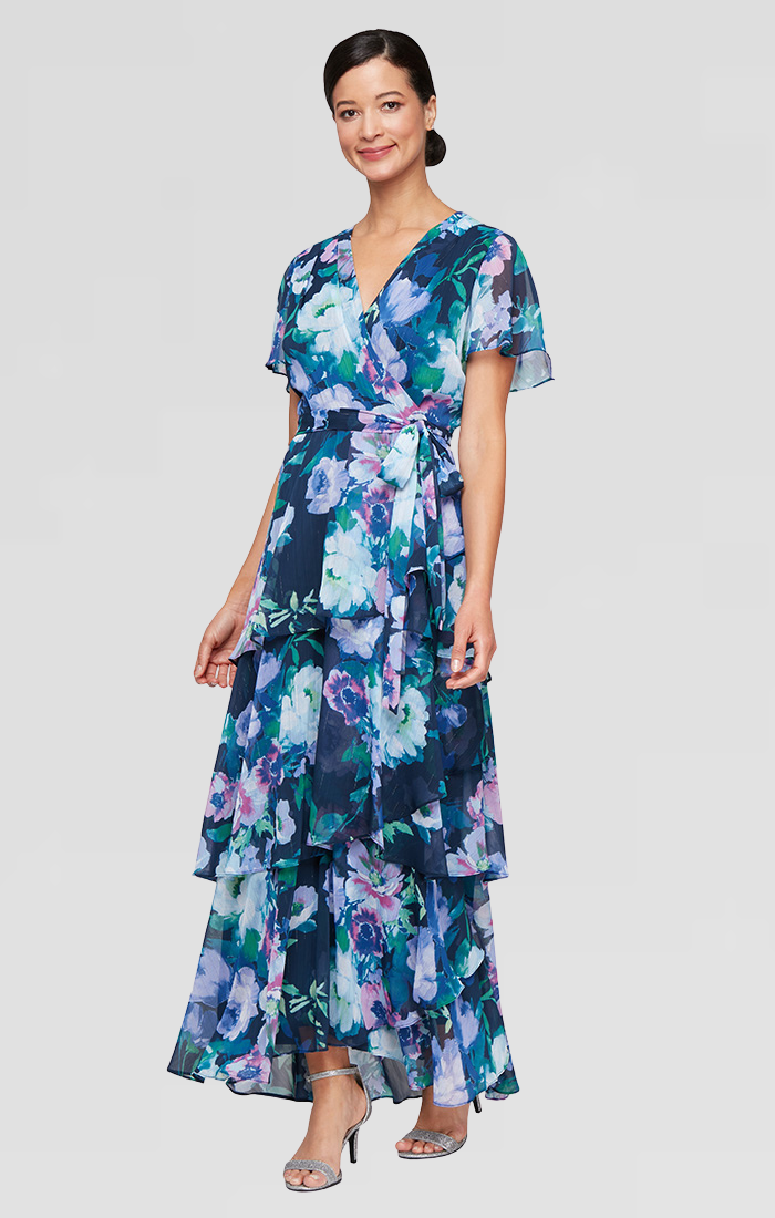 Long Printed Chiffon Maxi with Flutter Sleeves and Tiered Detail Skirt