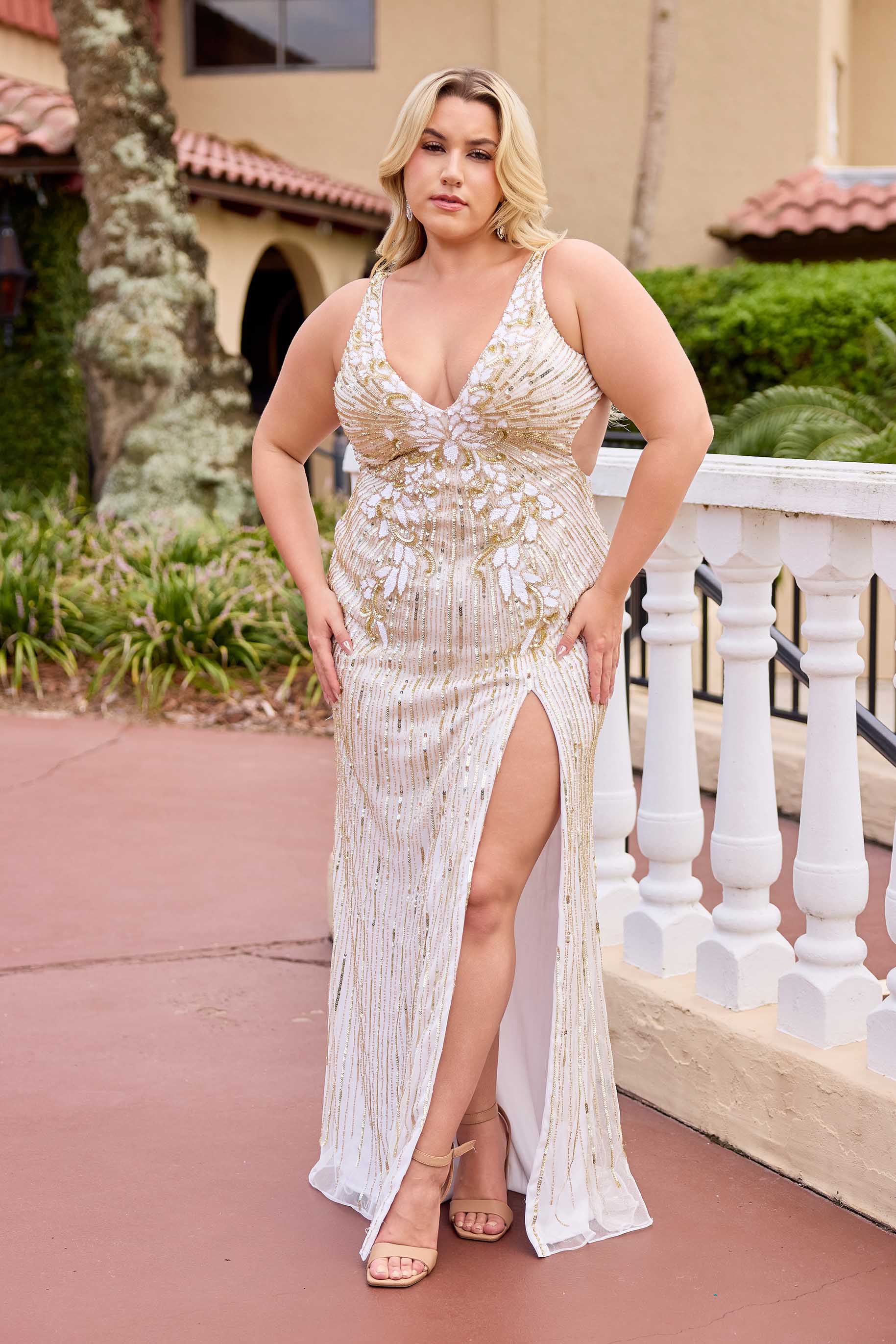 Plus Size Dresses Long Plus Size Prom Formal Beaded Dress Primavera Couture 14104 Ivory Gold