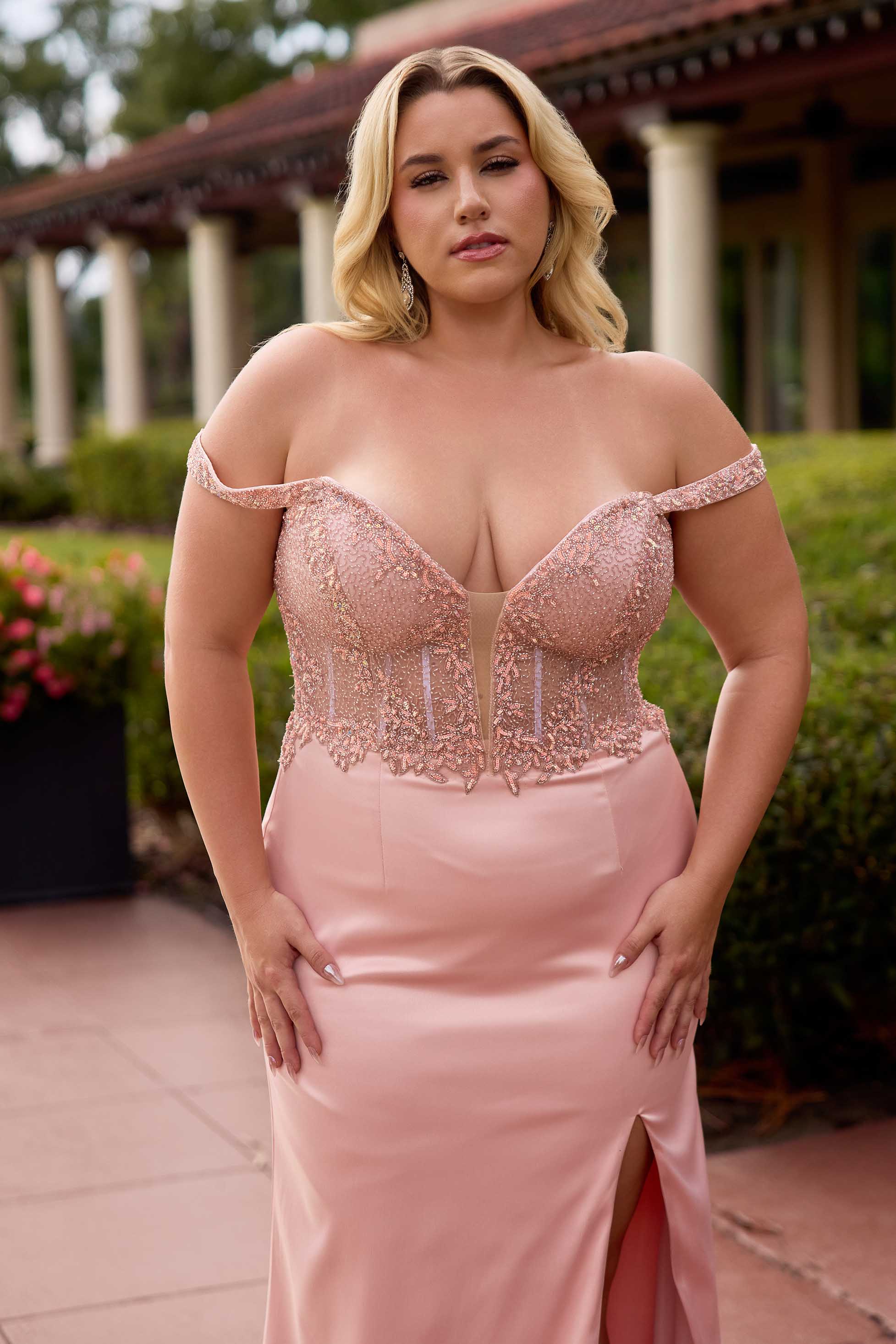 Plus Size Dresses Long Plus Size Prom Formal Corset Dress Primavera Couture 14107 Rose Gold