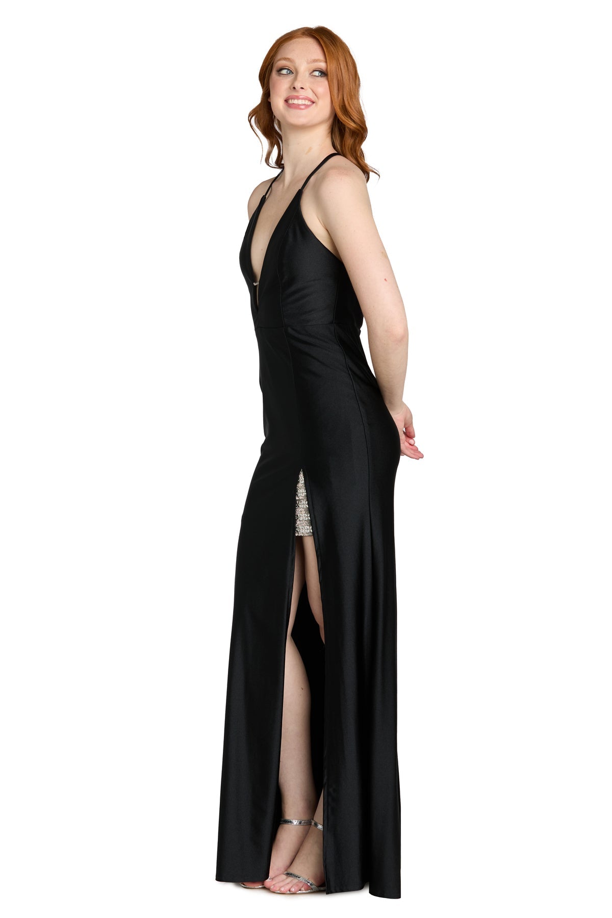 Plunging V-Neck Long Velvet Prom Dress by Morgan & Co 14108 in Black