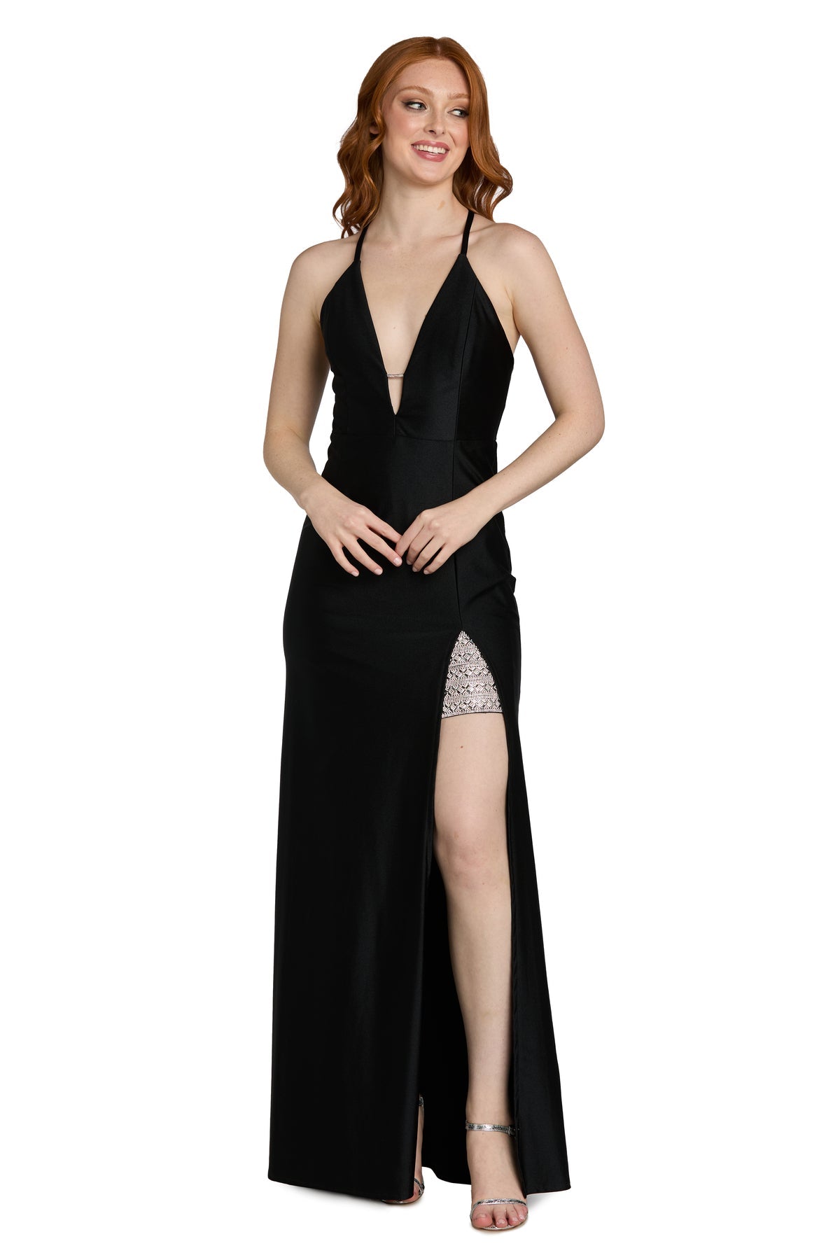 Plunging V-Neck Long Velvet Prom Dress by Morgan & Co 14108 in Black