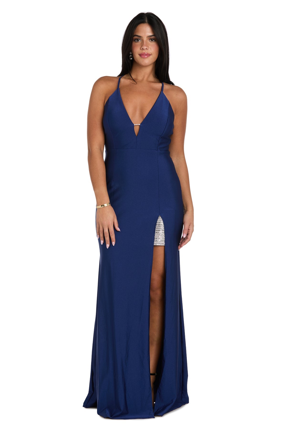 Plunging V-Neck Long Velvet Prom Dress by Morgan & Co 14108 in Navy