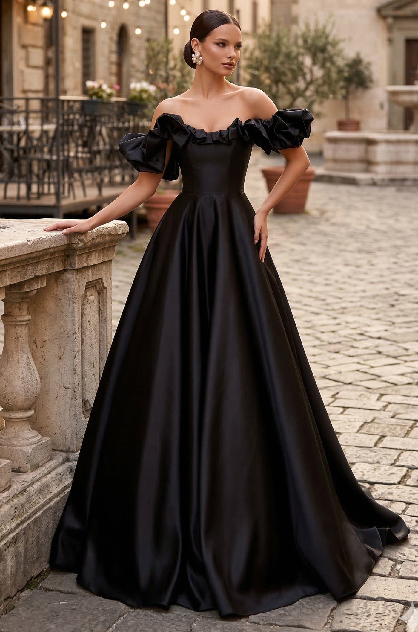 Long Ball Gown Satin Ruffle Off Shoulder Prom Dress