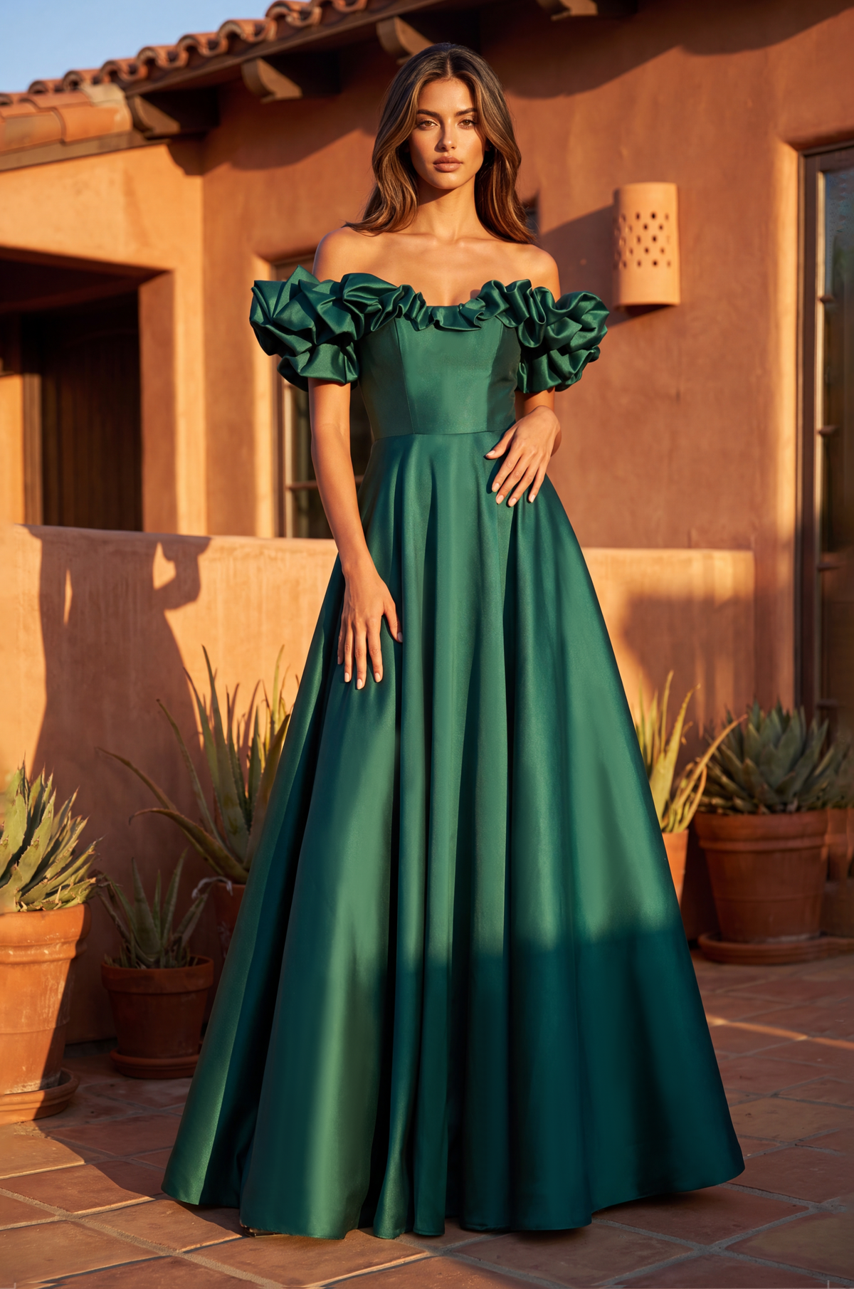 Prom Dresses Long Ball Gown Satin Ruffle Off Shoulder Prom Dress Emerald Green