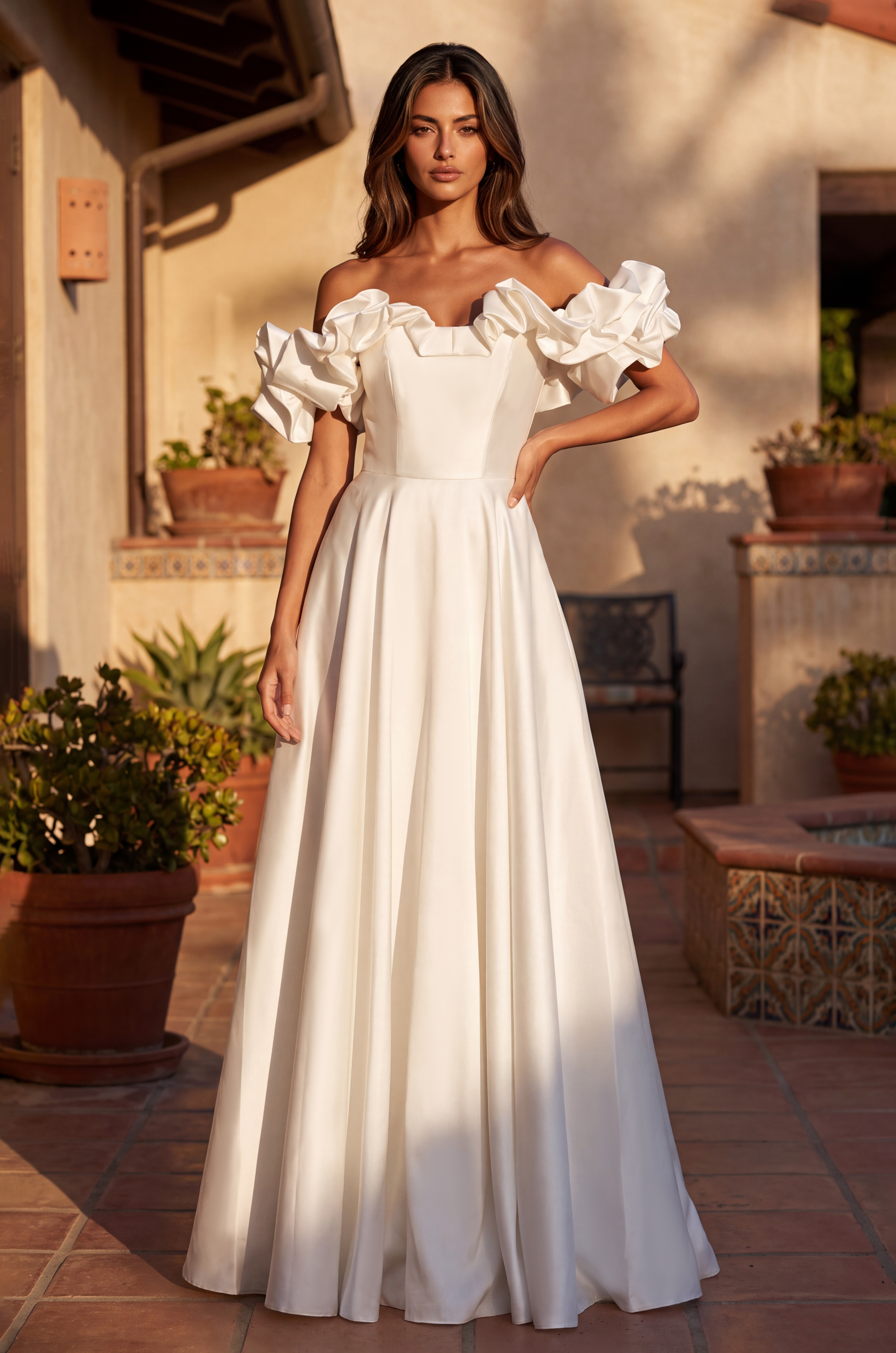 Long Ball Gown Satin Ruffle Off Shoulder Prom Dress