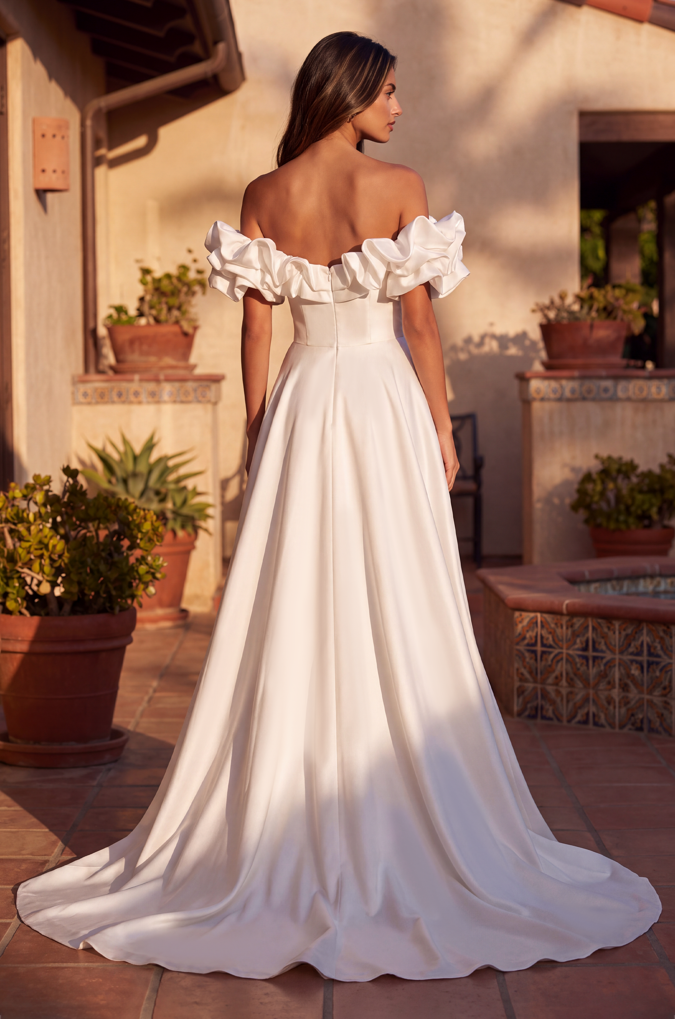 Long Ball Gown Satin Ruffle Off Shoulder Prom Dress