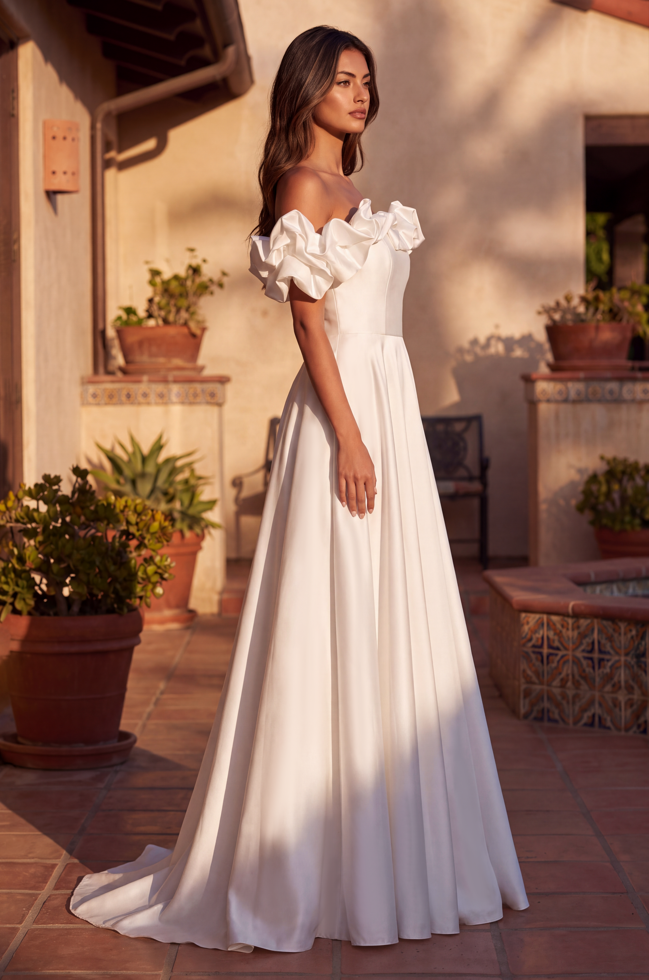 Long Ball Gown Satin Ruffle Off Shoulder Prom Dress