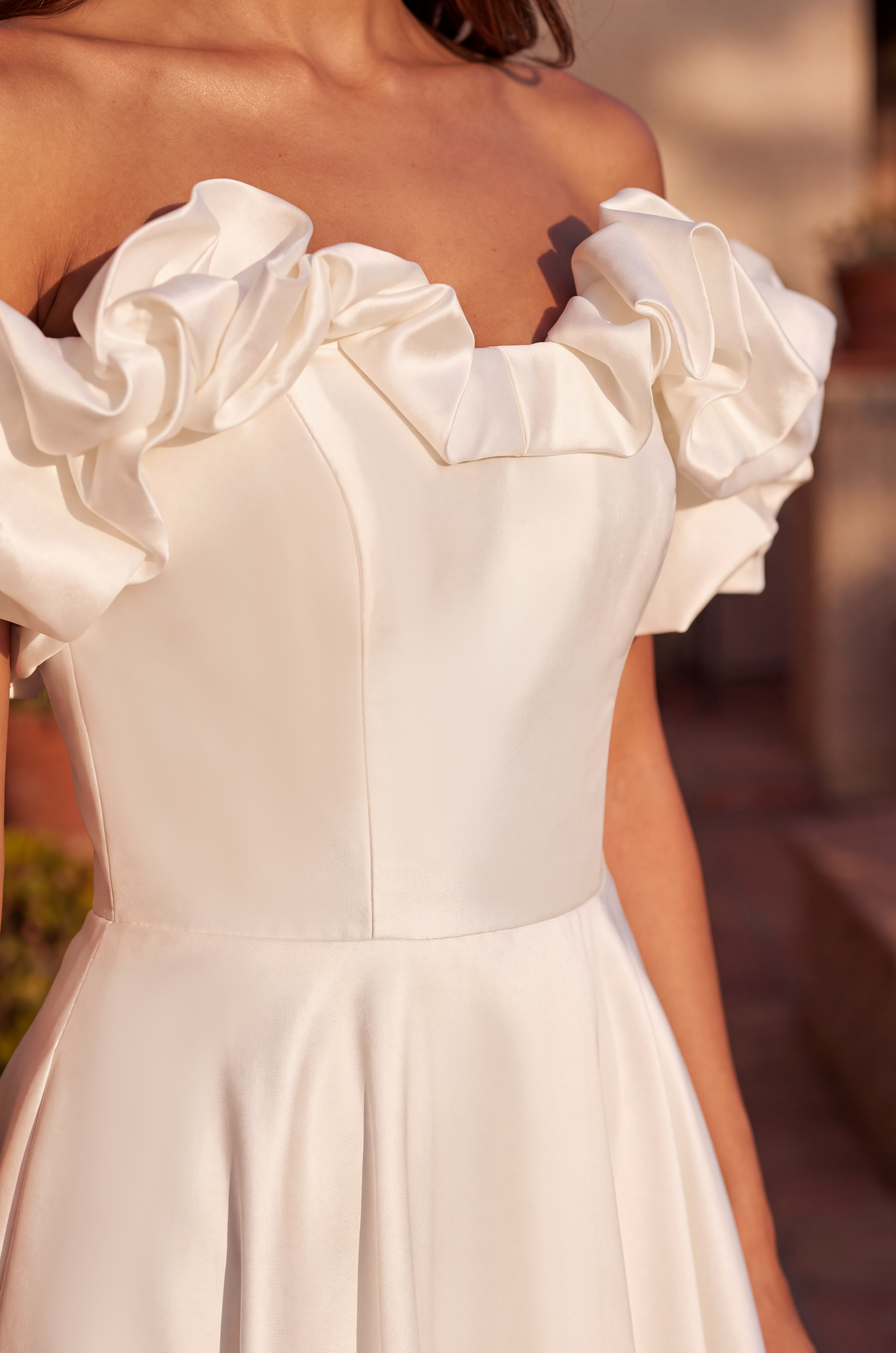 Long Ball Gown Satin Ruffle Off Shoulder Prom Dress