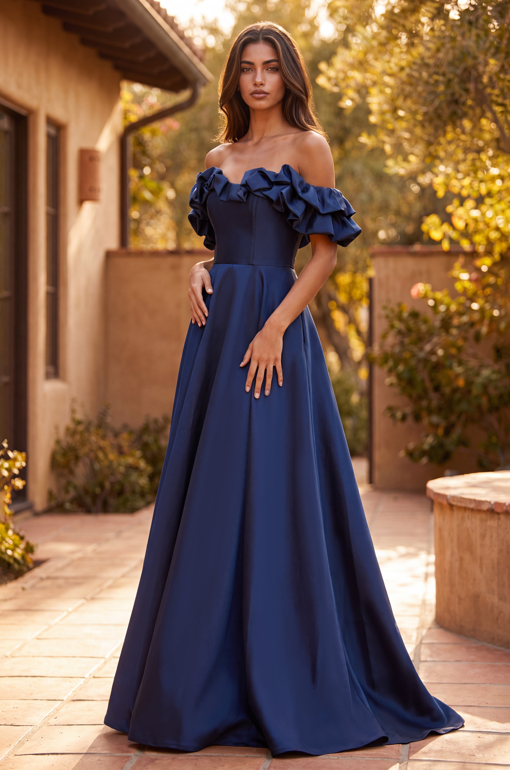 Long Ball Gown Satin Ruffle Off Shoulder Prom Dress
